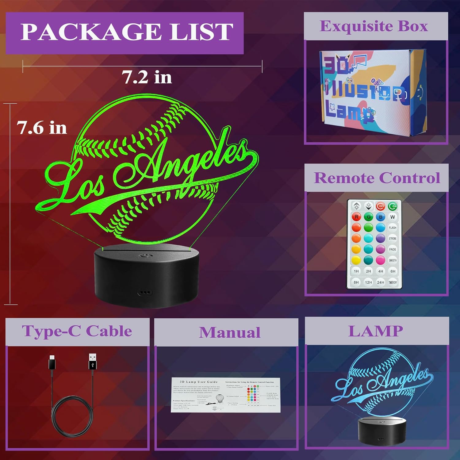 Baseball Los Angeles Night Light, LA Baseball Sport Gifts for Boy, 3D Illusion Lamp with Remote Control, 16 Colors Changing, RGB Flashing Mode and Dimmable, Gifts for Boys Christmas Decor - Image 6