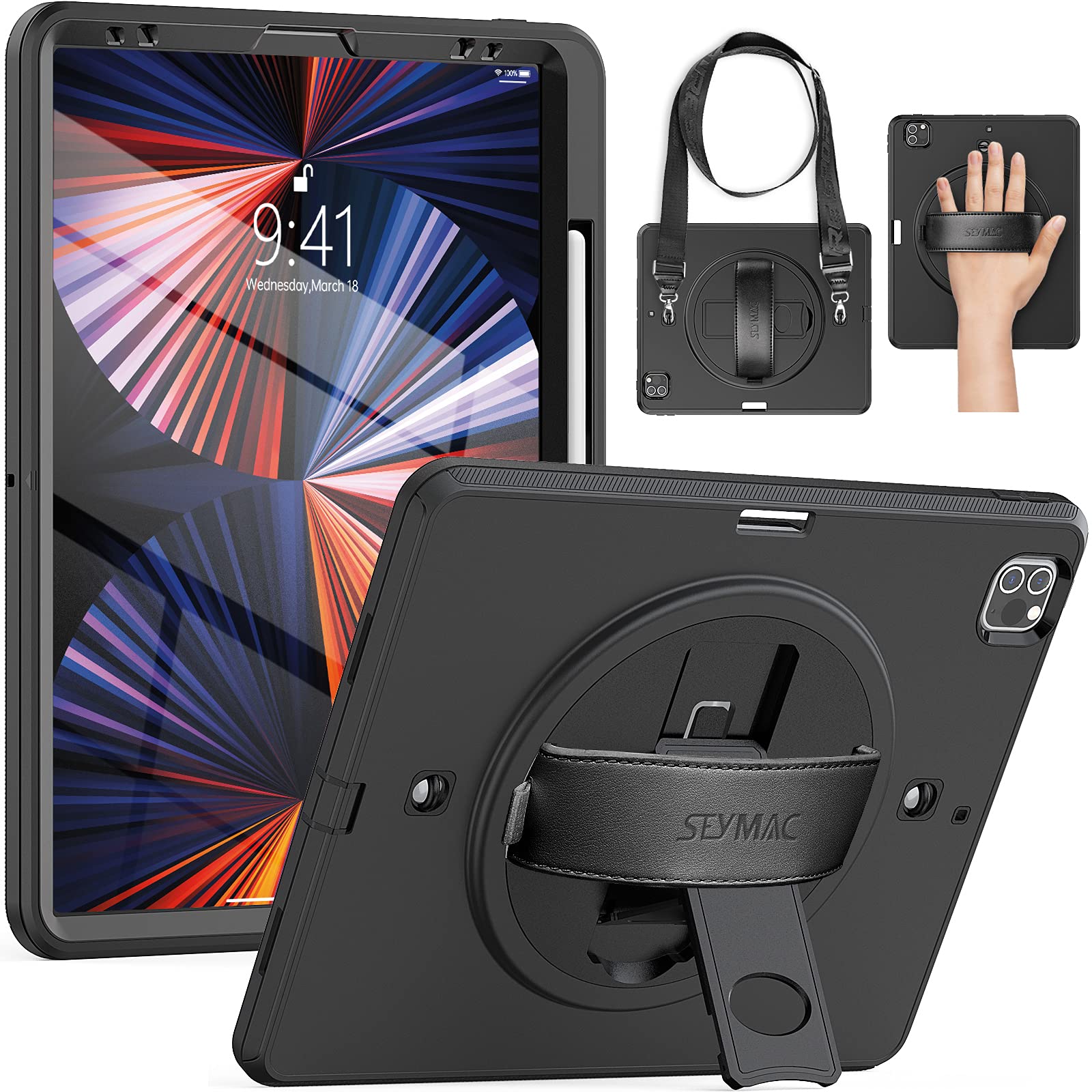 SEYMAC iPad Case for 2021 iPad Pro 12.9 5th Generation (A2378 A2461 A2379 A2462), 2020 iPad Pro 12.9 4th Gen (A2229 A2069 A2232 A2233), 2018 iPad Pro 12.9 3rd Gen (A1876 A2014 A1895 A1983) Black