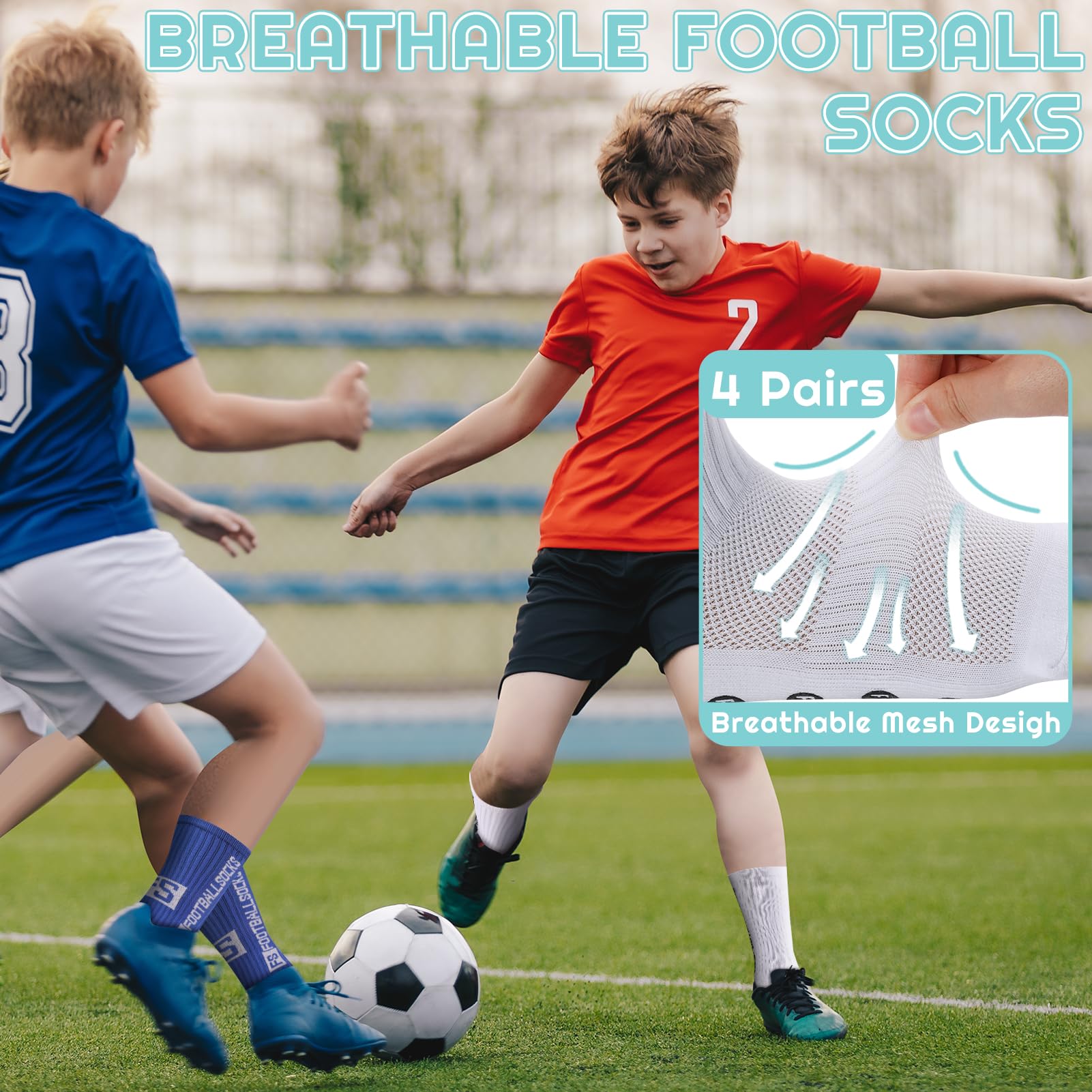Utensilsto 4 paia di calzini da calcio per bambini, antiscivolo, per calcio, basket, corsa, rugby, tennis, 4 paia