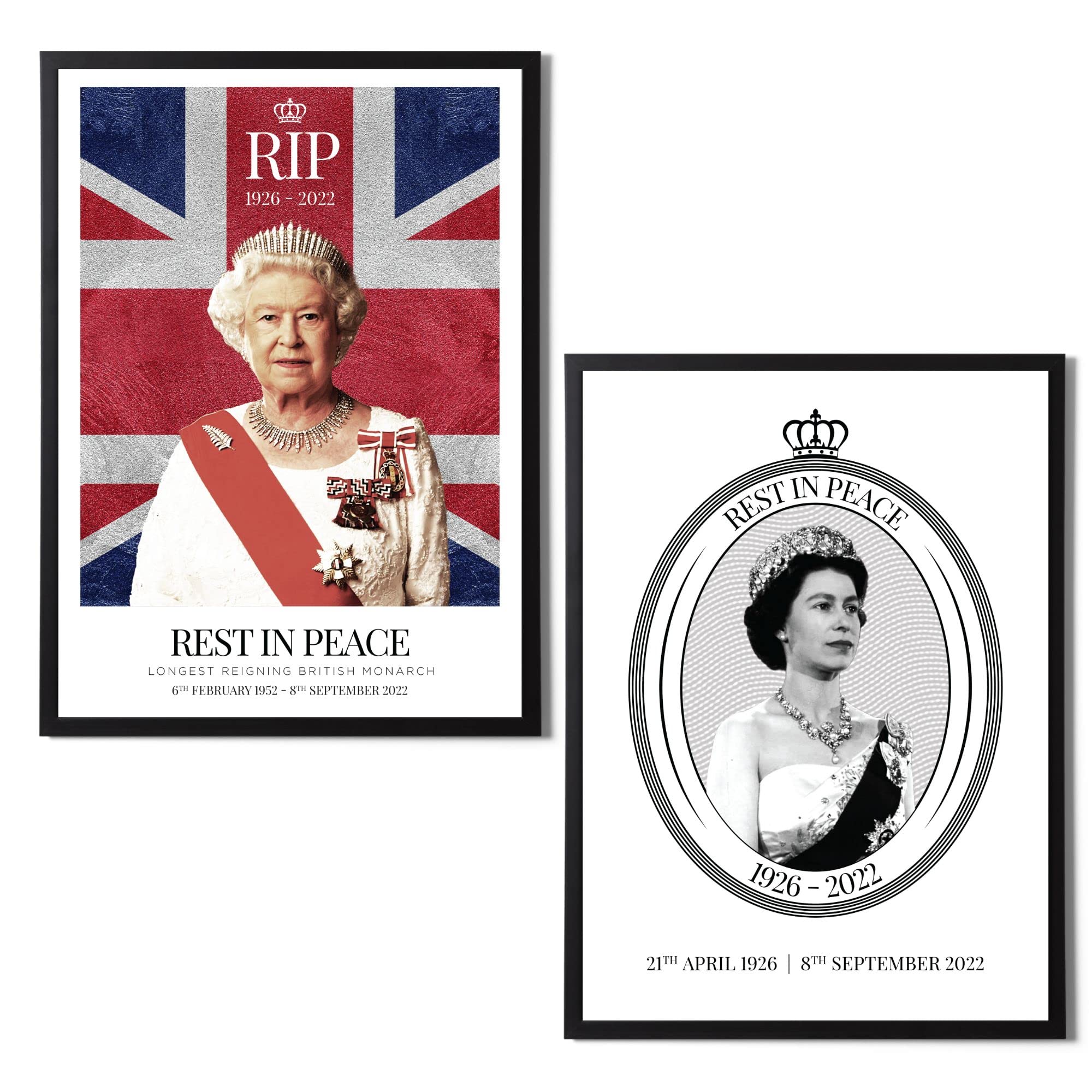 State Media VisionSet of 2 Rest In Peace Black and White Queen National Mourning Posters Framed - Old Young Elizabeth ll 1926 2022