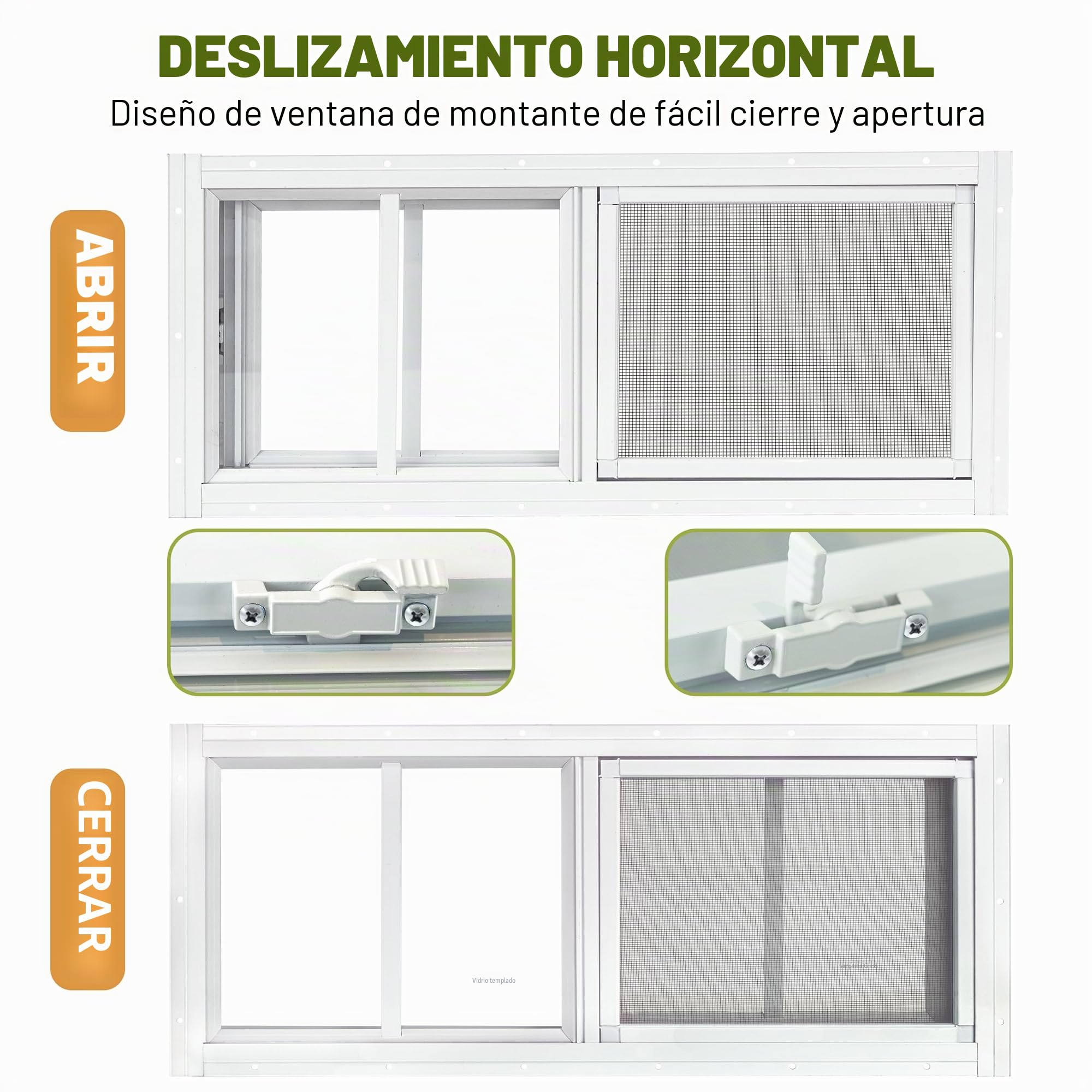 Paquete de 2 ventanas para cobertizo, ventana corredera blanca de 25,4 x 45,7 cm (10" x 18"), adecuada para gallinero, cobertizo, hogar, granero - Ventana de travesaño con vidrio templado y