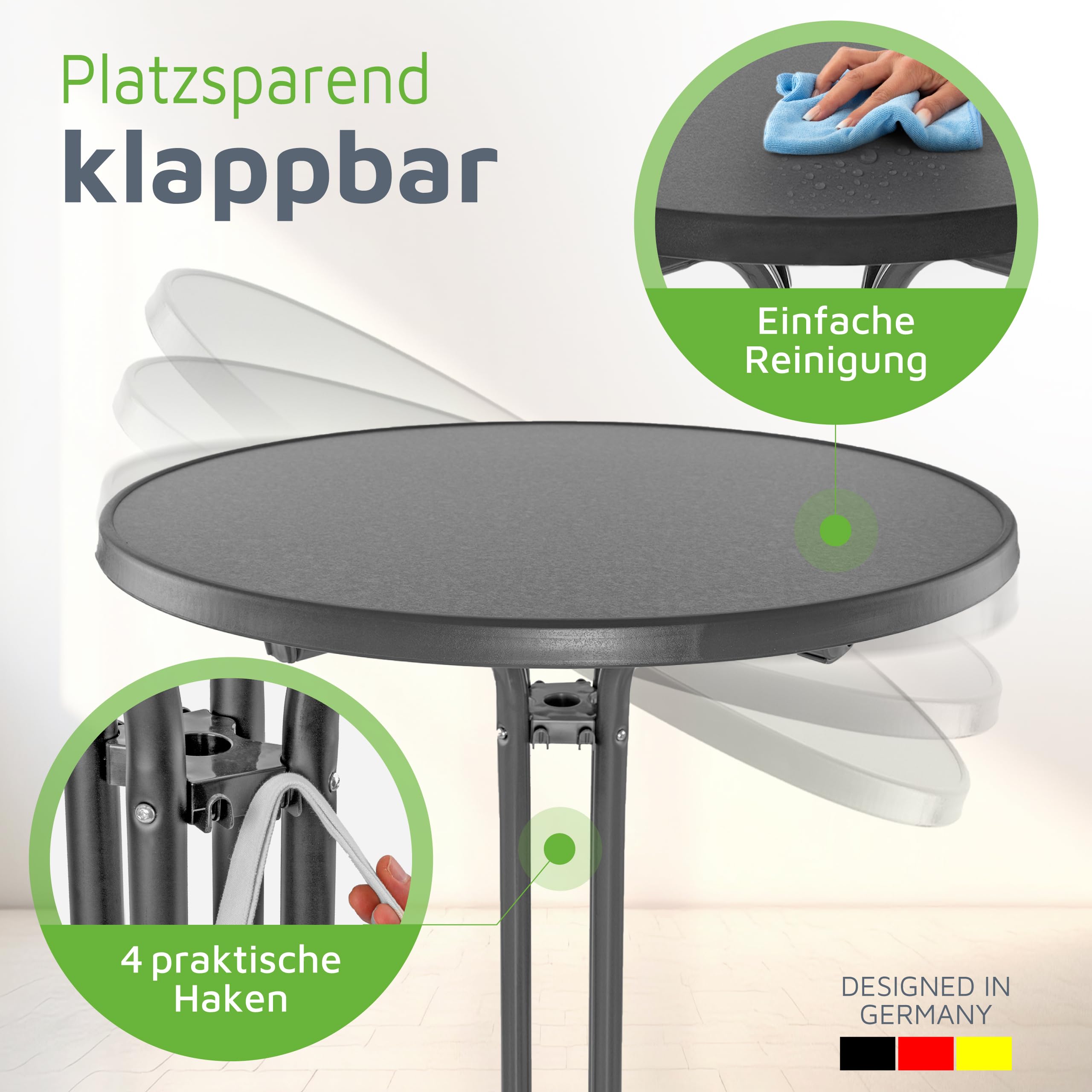 BeFair Stehtisch Klappbar Anthrazit, 80 cm Rund, Nico - Stabiler Bartisch in Höhe 110 cm mit 4 praktischen Haken für Jacken oder Handtaschen - Wetterbeständig, mit kratzfester Tischplatte