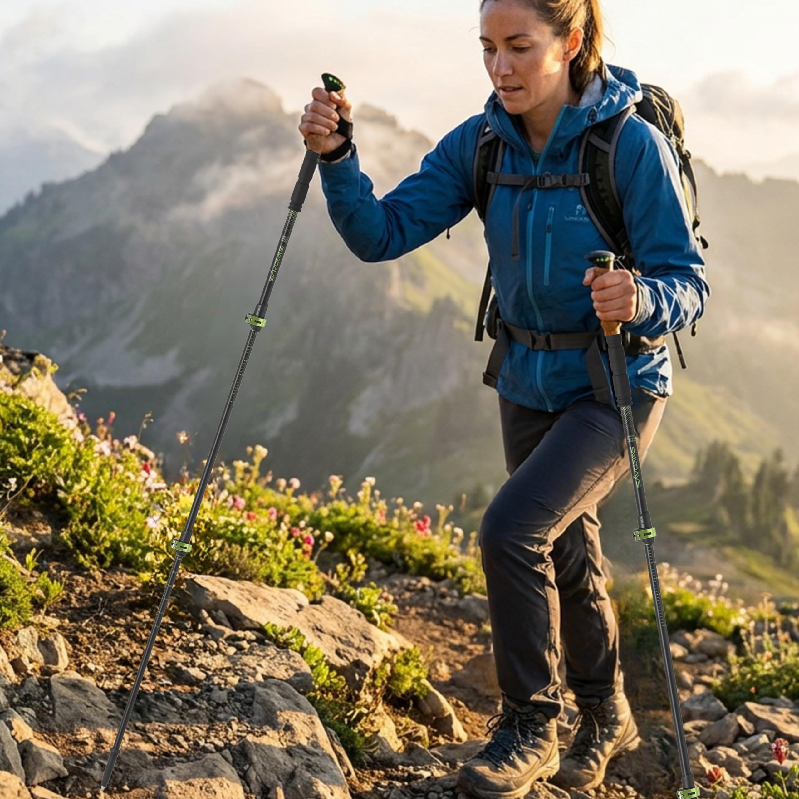 Wanderstöcke Teleskop Carbon & Alu mit Korkgriff für Damen & Herren | Leicht und VerstellbarNordic Walking & Trekkingstöcke für Wandern, Bergsport, Skitouren, mit Gummipuffern & Tasche.