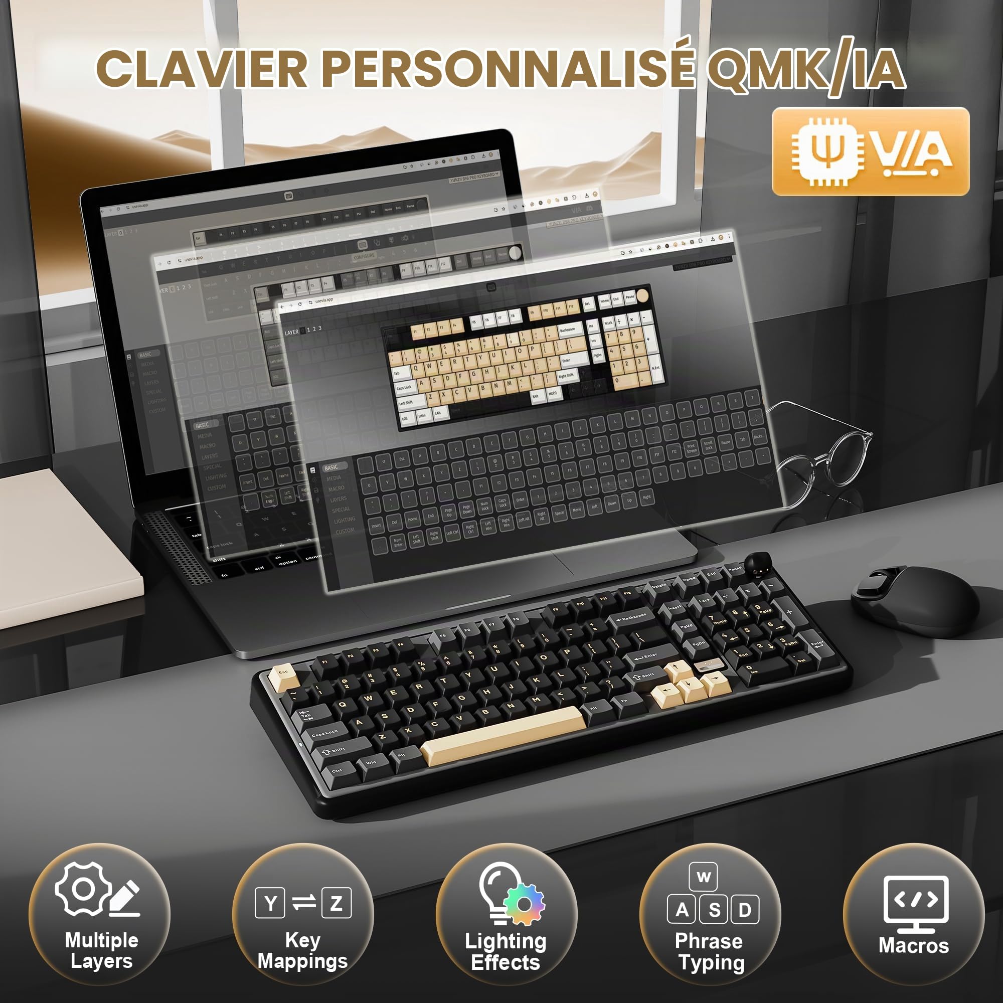 YUNZII B98 Pro Clavier Mécanique Gaming sans Fil (Noir, Candy) | 96% avec Pavé Numérique et Molette Chat, Bluetooth 5.0/2.4G/USB-C, Gasket, Hot-Swap, RGB, QWERTY, pour Win/Mac
