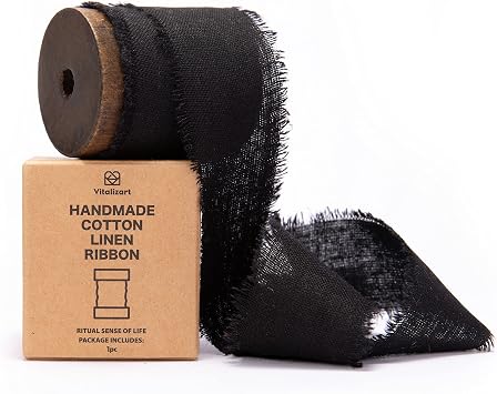 Vitalizart Black Cotton Linen Ribbon with Spool 1.5" x 5Yd Handmade Fringe Frayed Fabric Cloth for Wedding Invitations, Bridal Bouquets, Gift Wrapping
