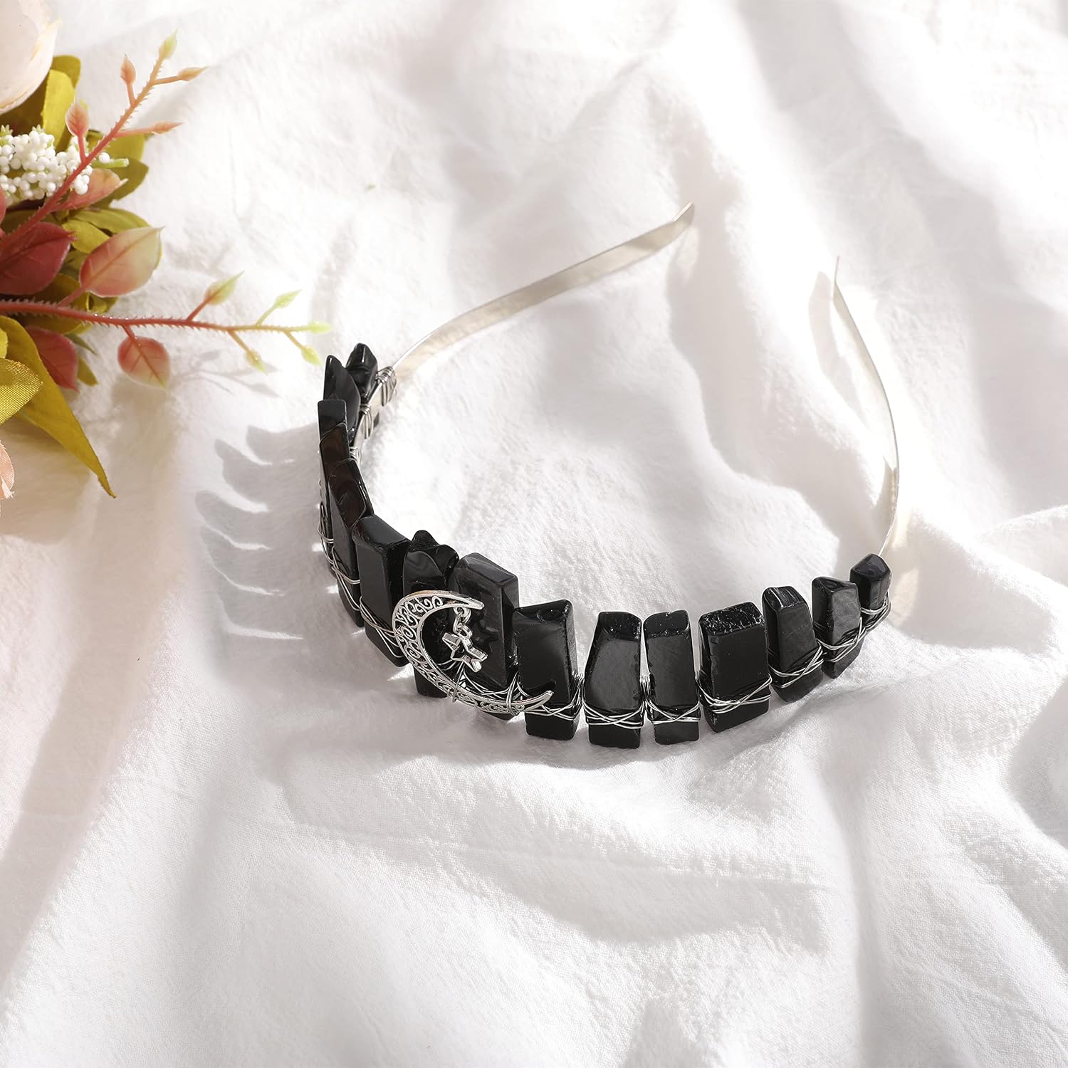 Quartz Crown Raw Crystal Headband Rhinestone Tiara Hair Band with Moon Star Headband for Women Bridal Wedding Tarot Parties