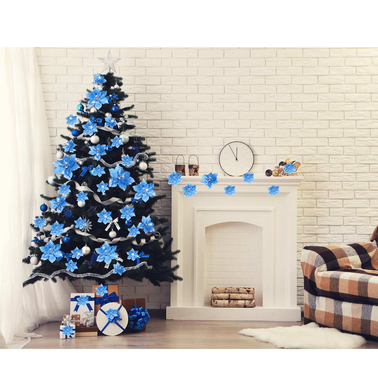 Geosar 100 Piezas Poinsettia con Purpurina Navideña de 3 Tamaños Flores de Boda Falsas Adornos de Decoración de Flores de Navidad para Decoración Año Nuevo Árbol de Navidad (Azul)
