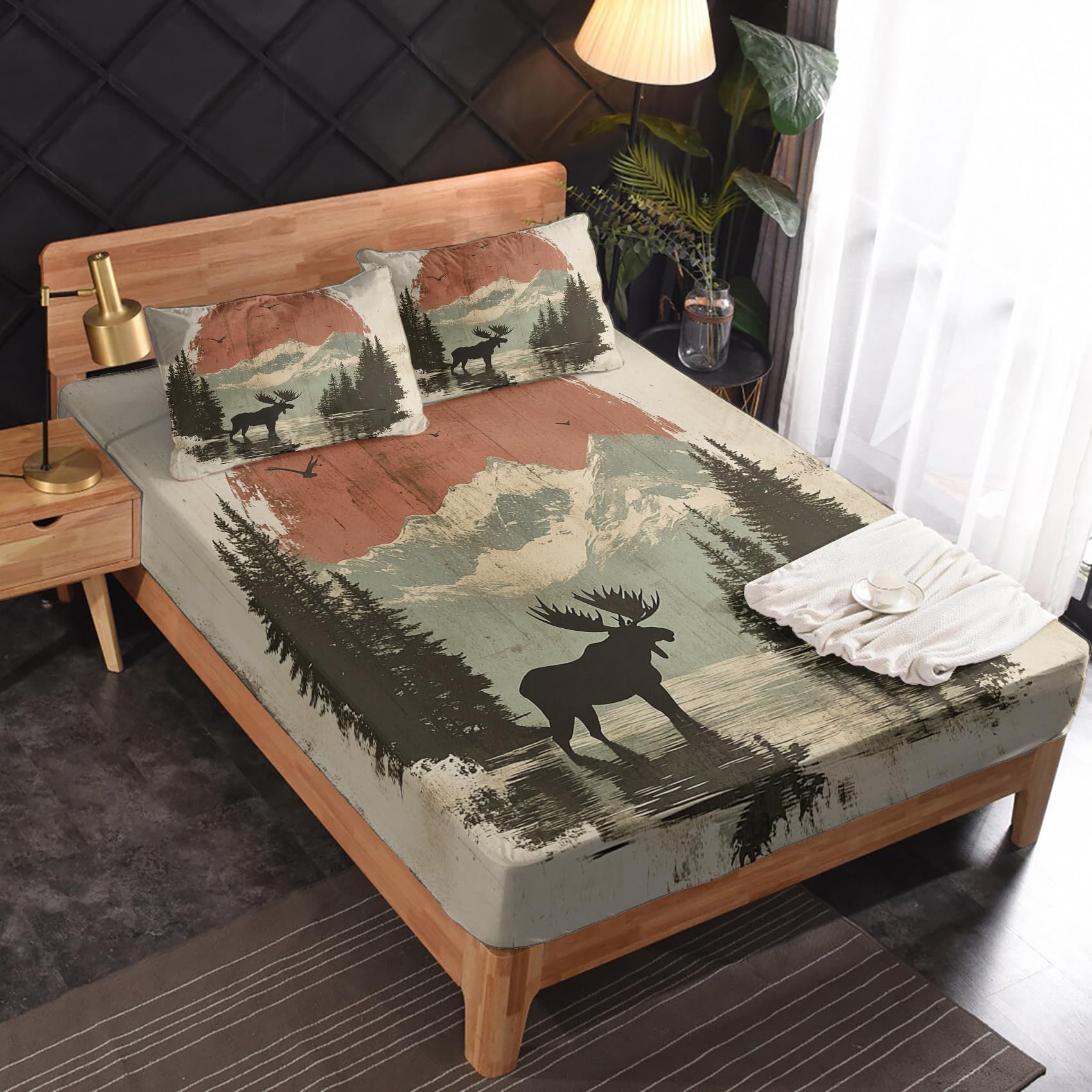 Zvynqour Twin Sheets Set - Moose Bed Sheets - Retro Forest Wildlife Deep Pocket Fitted Sheets & Flat Sheets & Pillowcases 3 Piece Set - Vintage Elk Woodland Animal Rustic Bedding & Decor