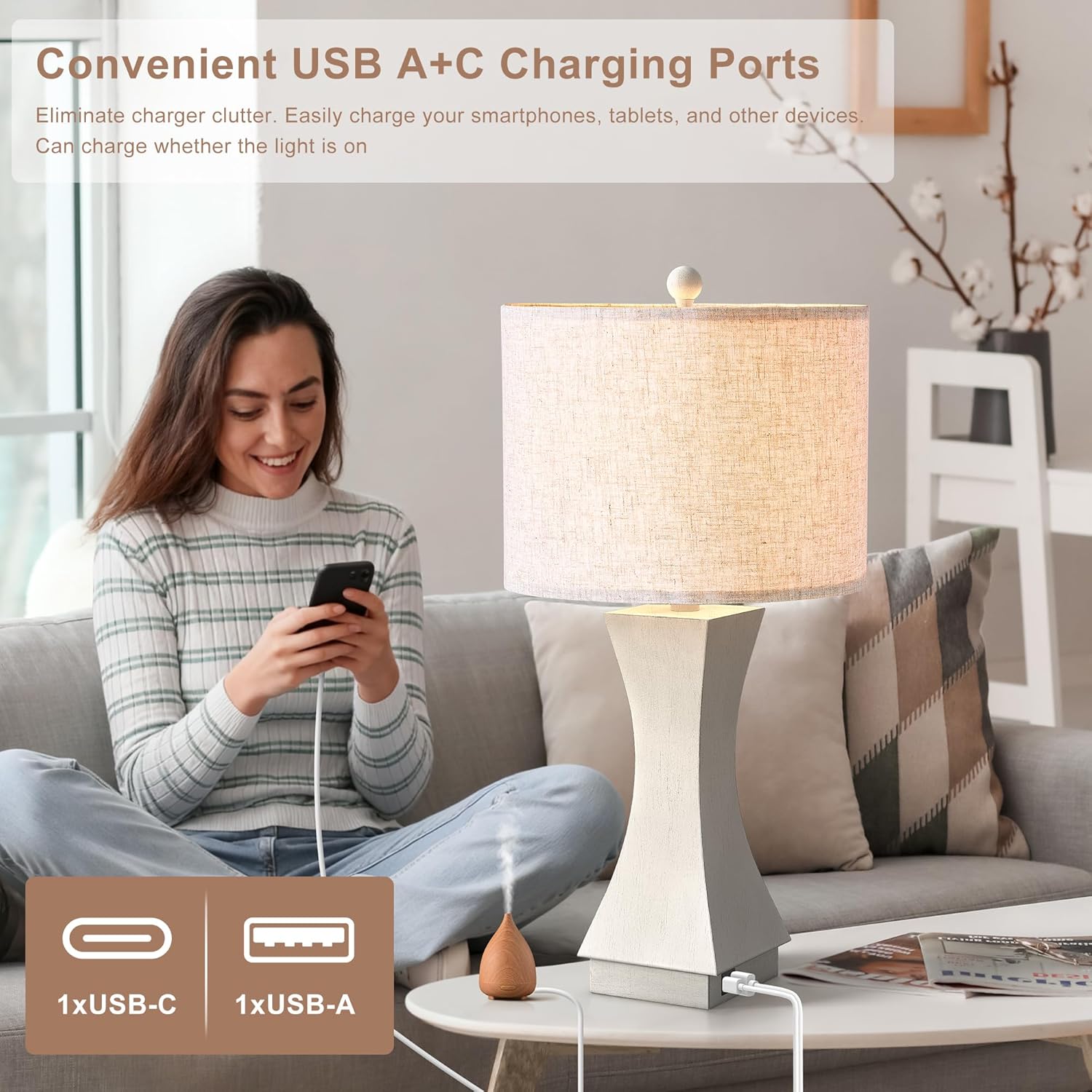 24.5" Modern Table Lamp Set of 2, 3-Way Dimmable Bedside Lamps with USB C & A Charging, Farmhouse Resin Nightstand Lamps with Linen Shade for Bedroom, Living Room, Home Office (Gray)