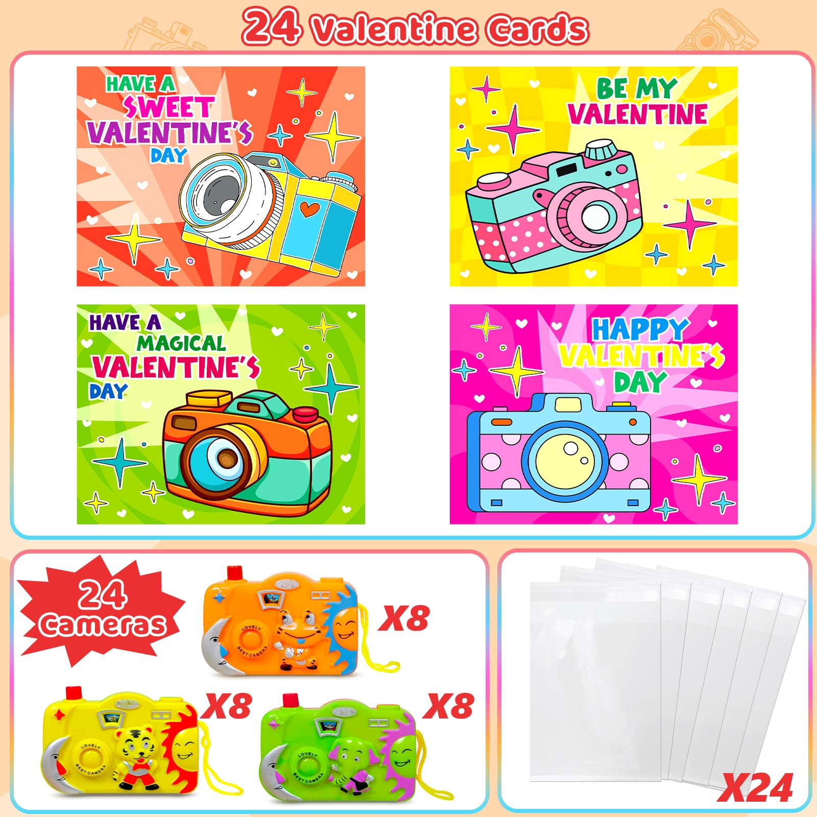 Valentinstagskarten für Kinder, Klassenzimmer, 24-teiliges Kamera-Spielzeug-Set, Tiermuster, Sucher, Kinder, Grußkarten, Valentinstag, Klassenzimmer, Schule, Austausch, Preise, Jungen, Mädchen