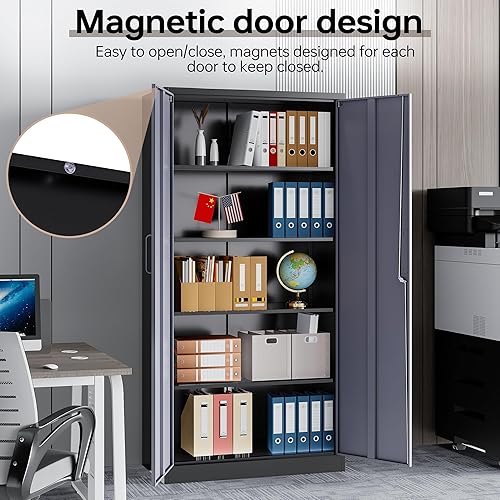 Miniatura 6 de Armario de almacenamiento de metal con cerradura, gabinetes de garaje de 71 pulgadas con 2 puertas y 4 estantes ajustables, caninetes de acero con