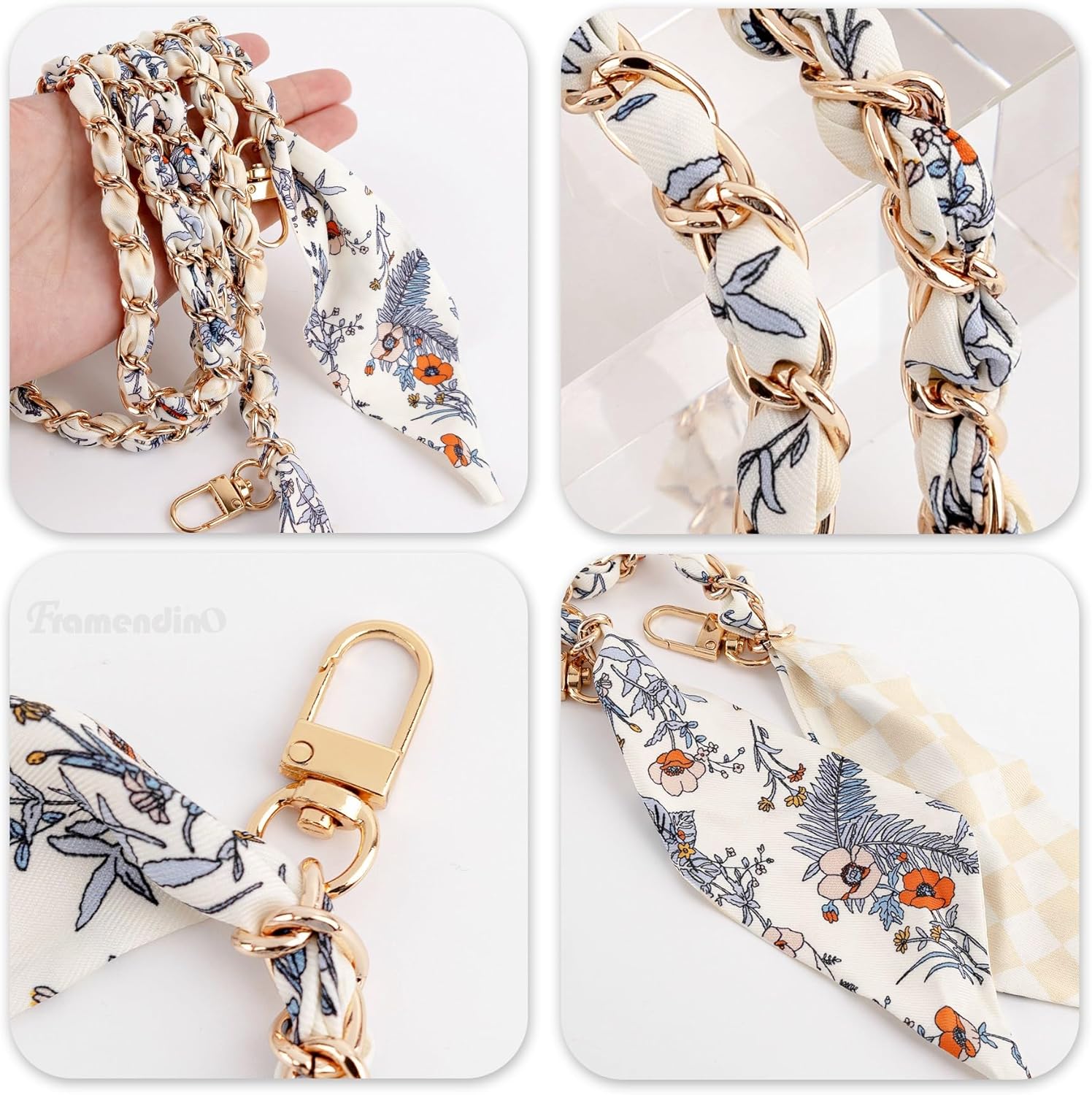 Framendino, Purse Straps Silk Scarf Metal Chain 47" Replacement Cross Body Strap Elegant Bag Decoration for DIY Shoulder (Apricot Floral) - Image 7
