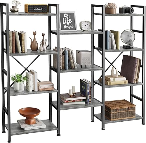 SUPERJARE Estantería triple de 4 niveles, estantería con 11 estantes abiertos, estante ancho para el hogar y la oficina, color gris