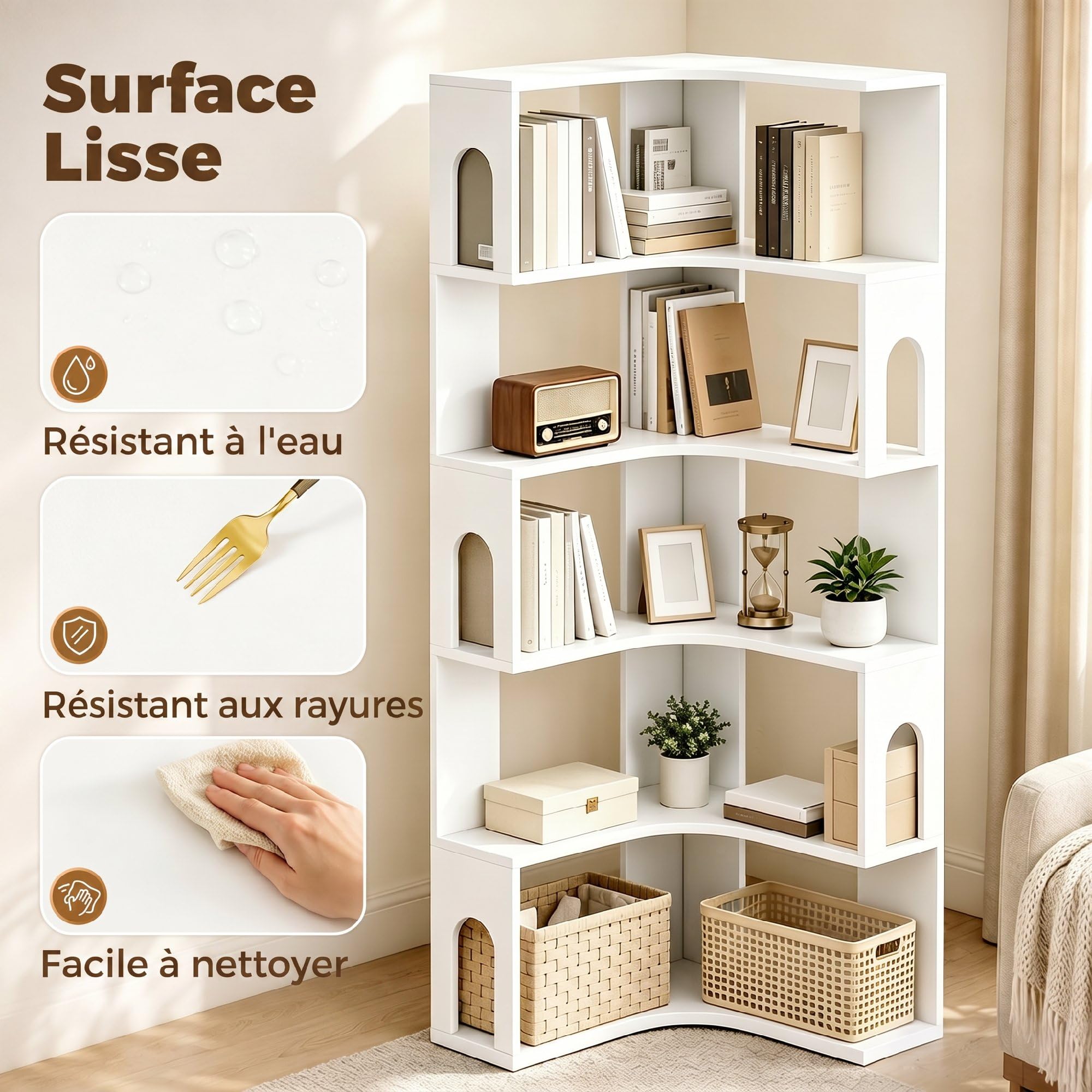 HOMCOM Bibliothèque d'angle, étagère de Rangement à 6 Niveaux avec Panneaux latéraux arqués, Style Moderne, Meuble de Rangement pour Bureau, Salon, Chambre, 60 x 60 x 165,5 cm, Blanc