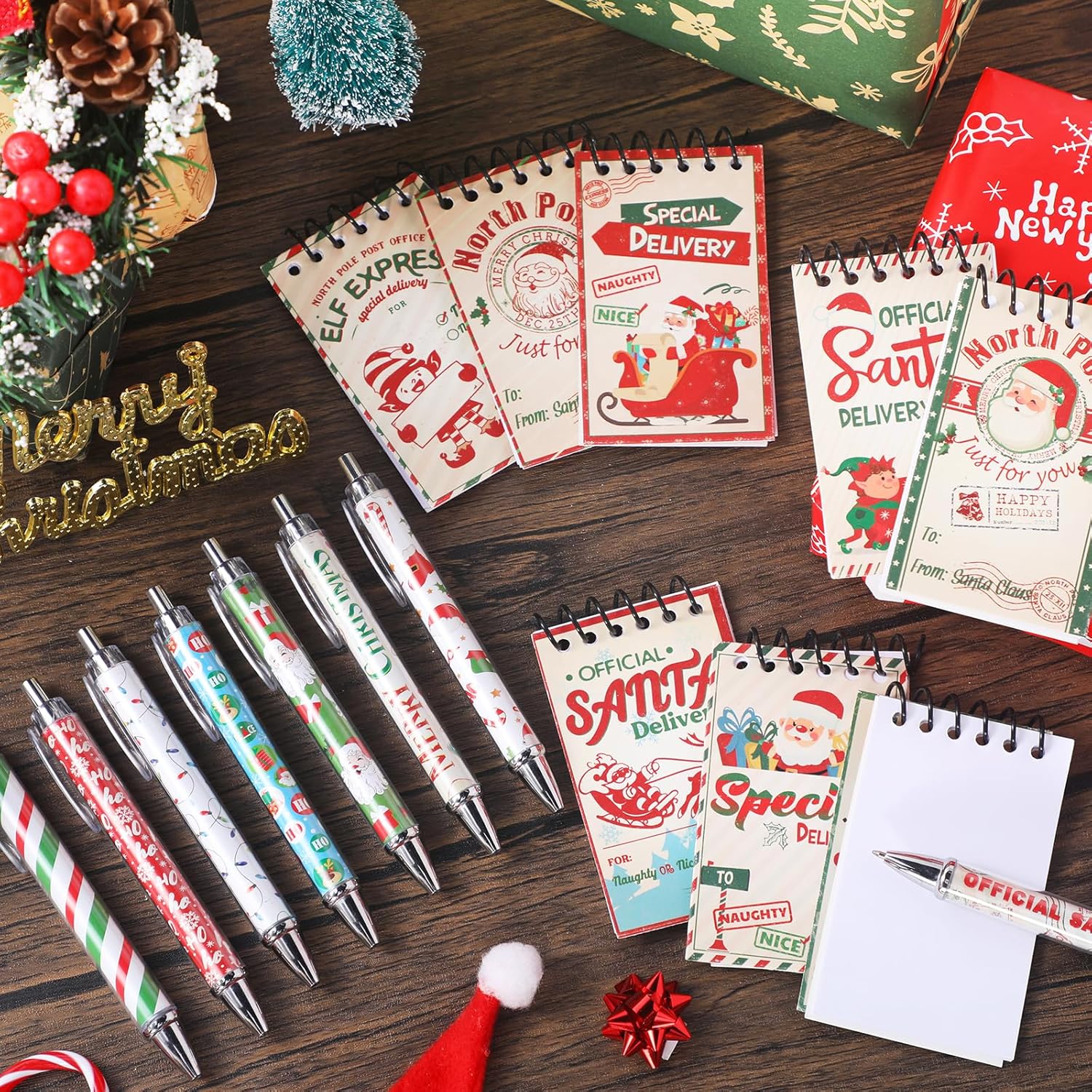 Zhanmai 64 Pcs Christmas Mini Notepads with Pens Set North Pole Pocket Notepads Official Santa Delivery Pens Xmas Memo Notebooks Ballpoint Pen for Kids Xmas Holiday Party