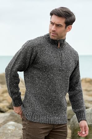 Aran Crafts Men's Irish Cable Knitted Half Zip Sweater (100% Donegal Wool)