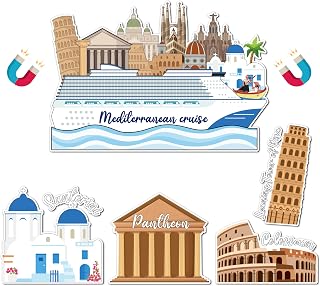 JAPBOR Cruise Door Decorations Magnetic - 5PCS Mediterranean Cruise Magnet, Ship Car Cabin Refrigerator Magnets Decal, Santorini Colosseum Leaning Tower of Pisa Fridge Sticker for Home Kitchen Decor