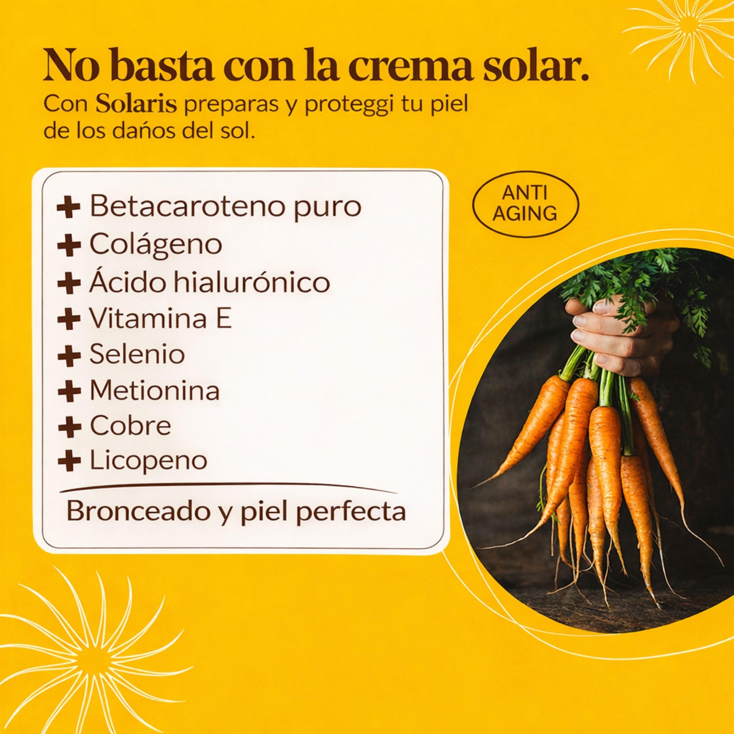 Acelerador del Bronceado con Betacaroteno – Pastillas Bronceadoras – El Único con Colágeno y Ácido Hialurónico – Licopeno, Vitamina E, Cobre y Selenio – 120 Comprimidos – Solaris Skin Plus