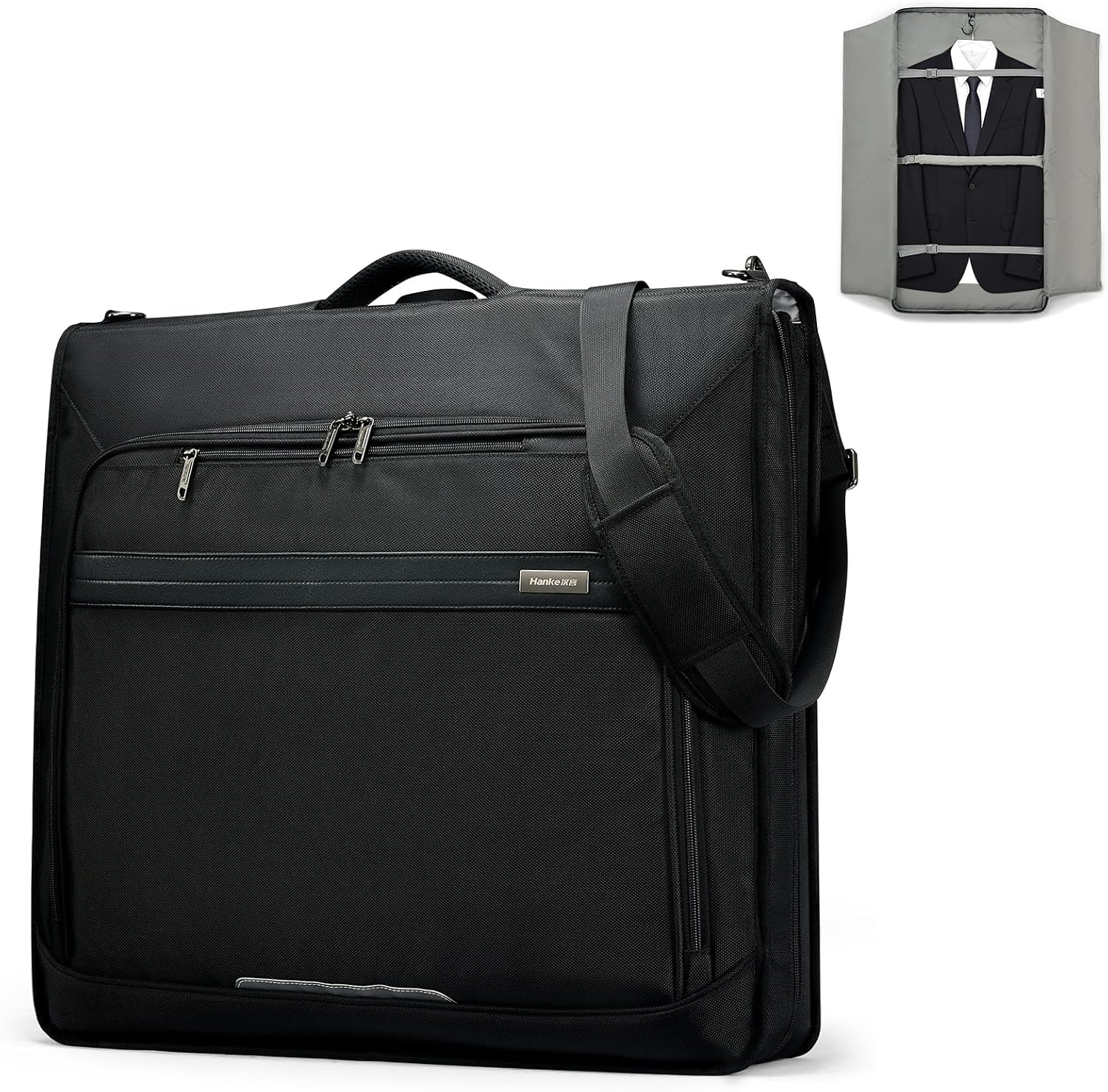 Hanke Premium Garment Bags for Travel, Business Travel Suit Bag with Wrinkle-Free System, Fits 4 Suits & 17.3'' Laptop, Carry On Garment Bag with Shoe Compartment, Shoulder Strap, Black