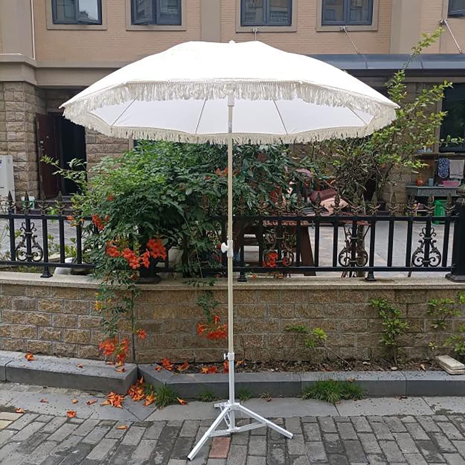 Beach parasols, White Tassel Garden Parasol, Tilting, Outdoor