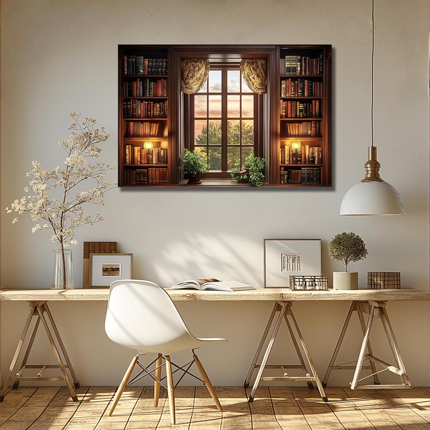 WOOHOOROO Curtain Bookshelf Window Wall Sticker – 3D Sunset View Fake Window Peel and Stick Removable Wall Mural for Home Decor,32" x 48"