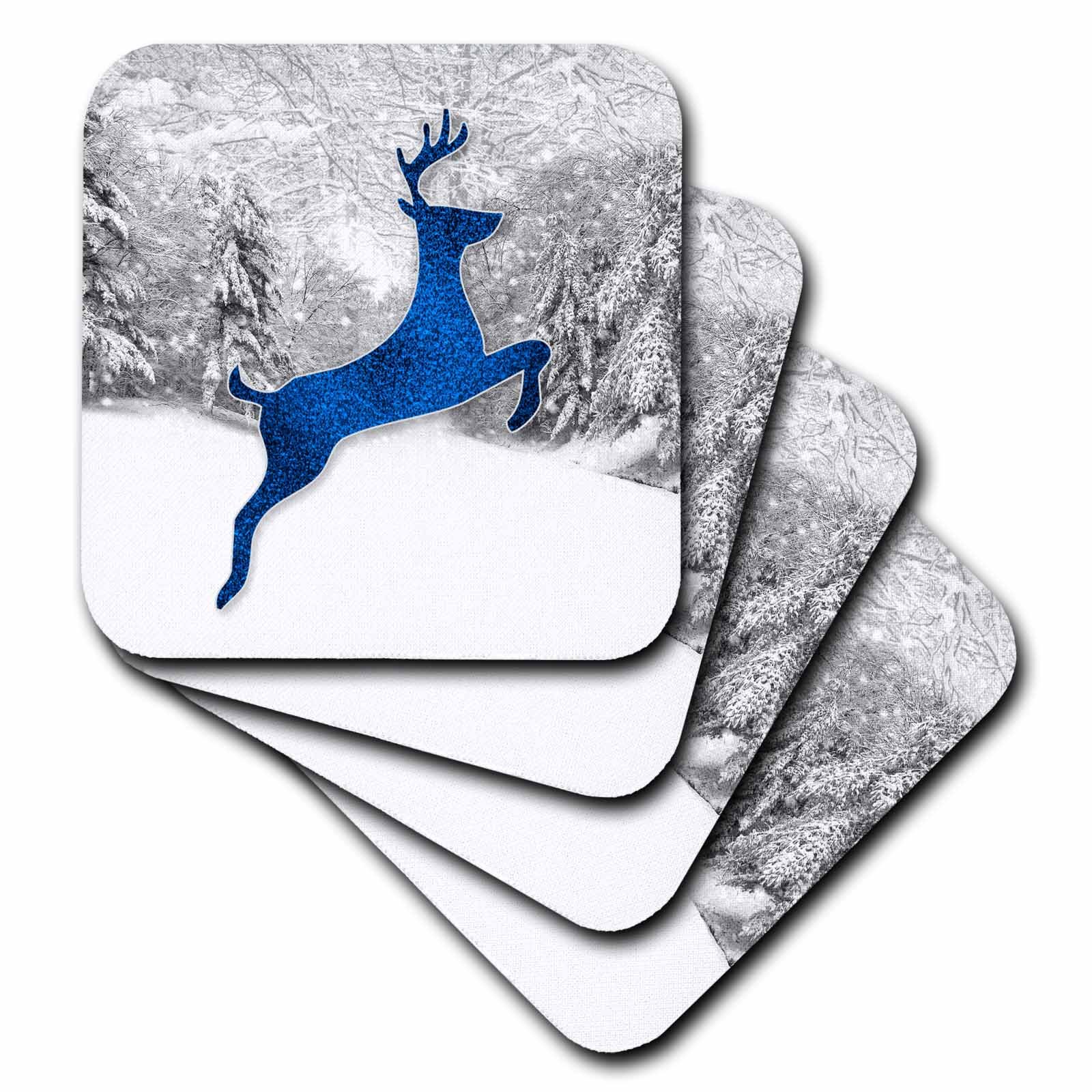 3dRose - Doreen Erhardt Christmas Collection - Blue Faux Glitter Leaping Reindeer with Winter Forest Snow Scene - Coasters (cst-264267-1)