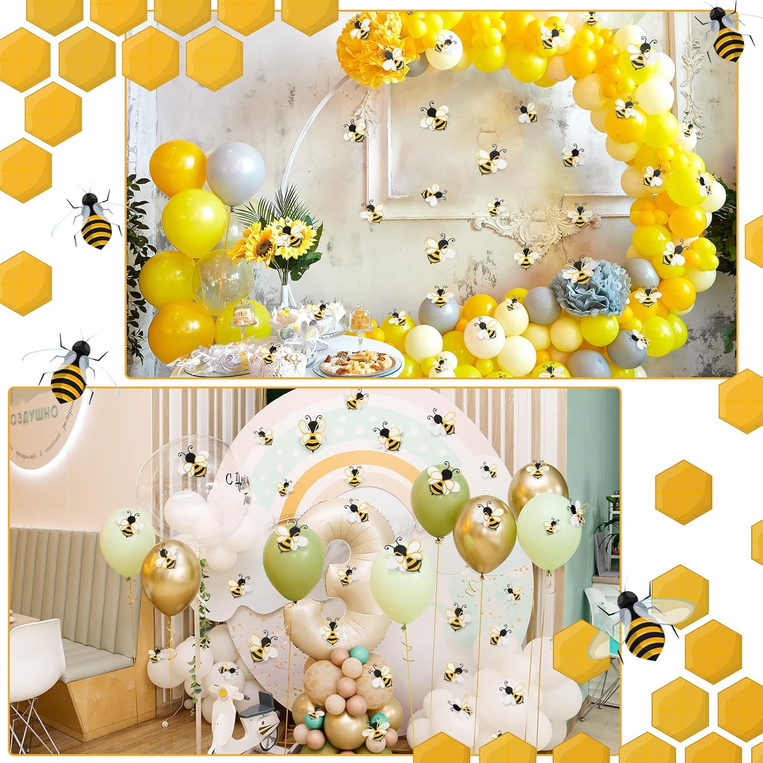 30 Pcs 3D Bee Decoration 5 Sizes Honey Bumble Wall Sticker Decor for Classroom Large Glitter Bee Themed Decals Confetti Cute Adhesive Birthday Baby Shower Outdoor Home Garden(Classic Style)