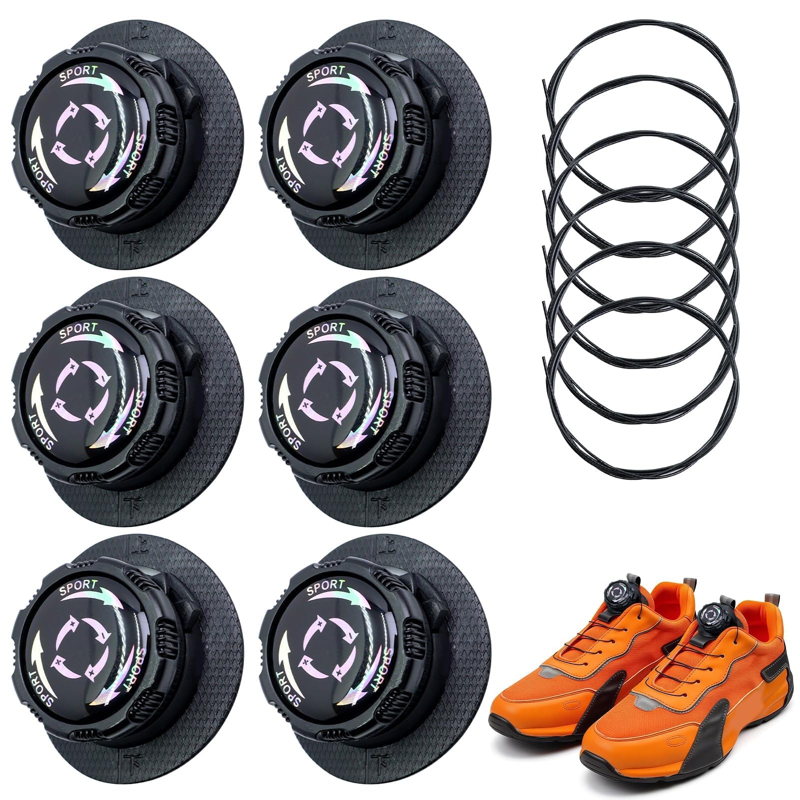 Lote de 6 Cordones Automáticos con Cierre Rotativo, Cordones sin Nudos con Hilo Metálico, Color Negro, Ajuste Rápido Para Niños y Adultos, Zapatos Deportivos y de Trabajo
