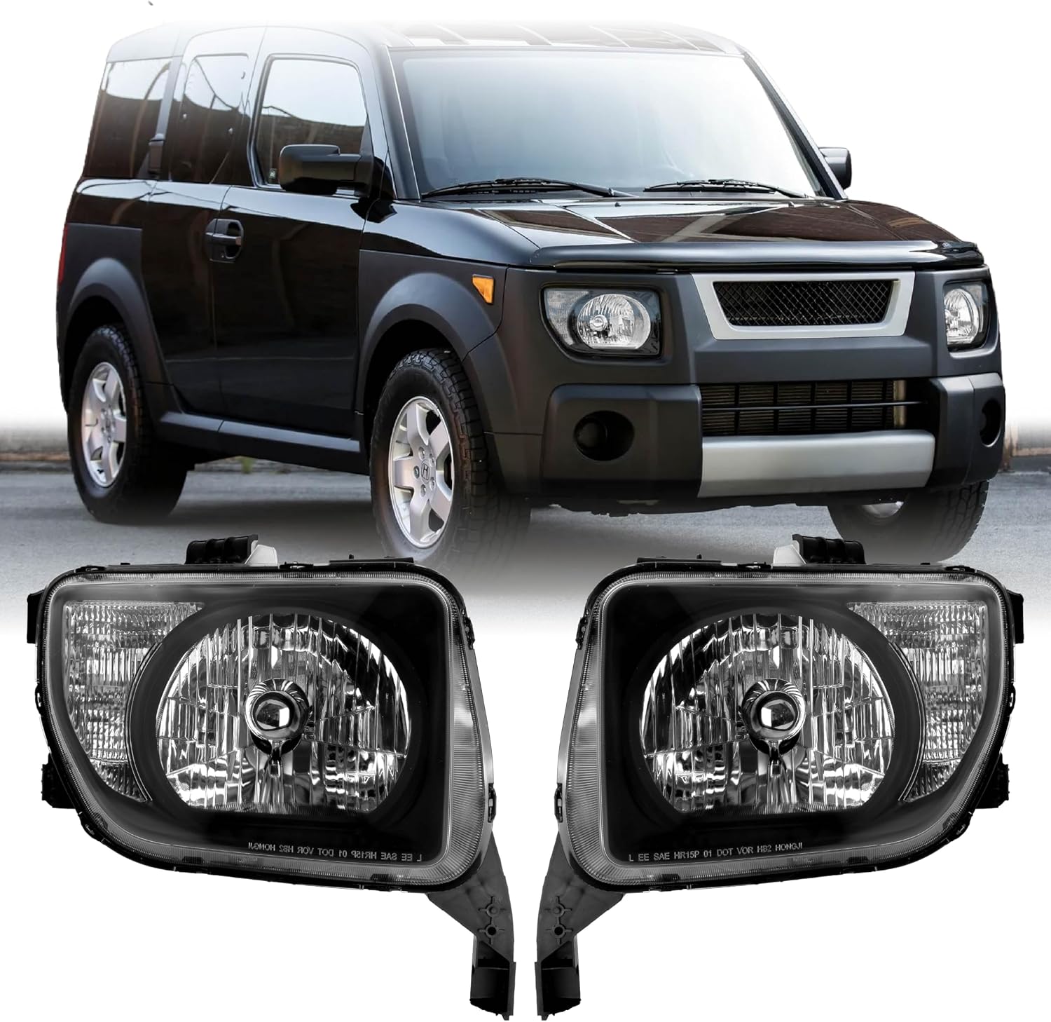 USR UNIQUE STYLE RACING 03-08 YH1/YH2 SUV Headlight – Front Head Lamps (Left + Right) Pair - Compatible with 2003-2008 Honda Element SUV All Models/LX/EX (BLACK HOUSING with CLEAR TURN SIGNAL)