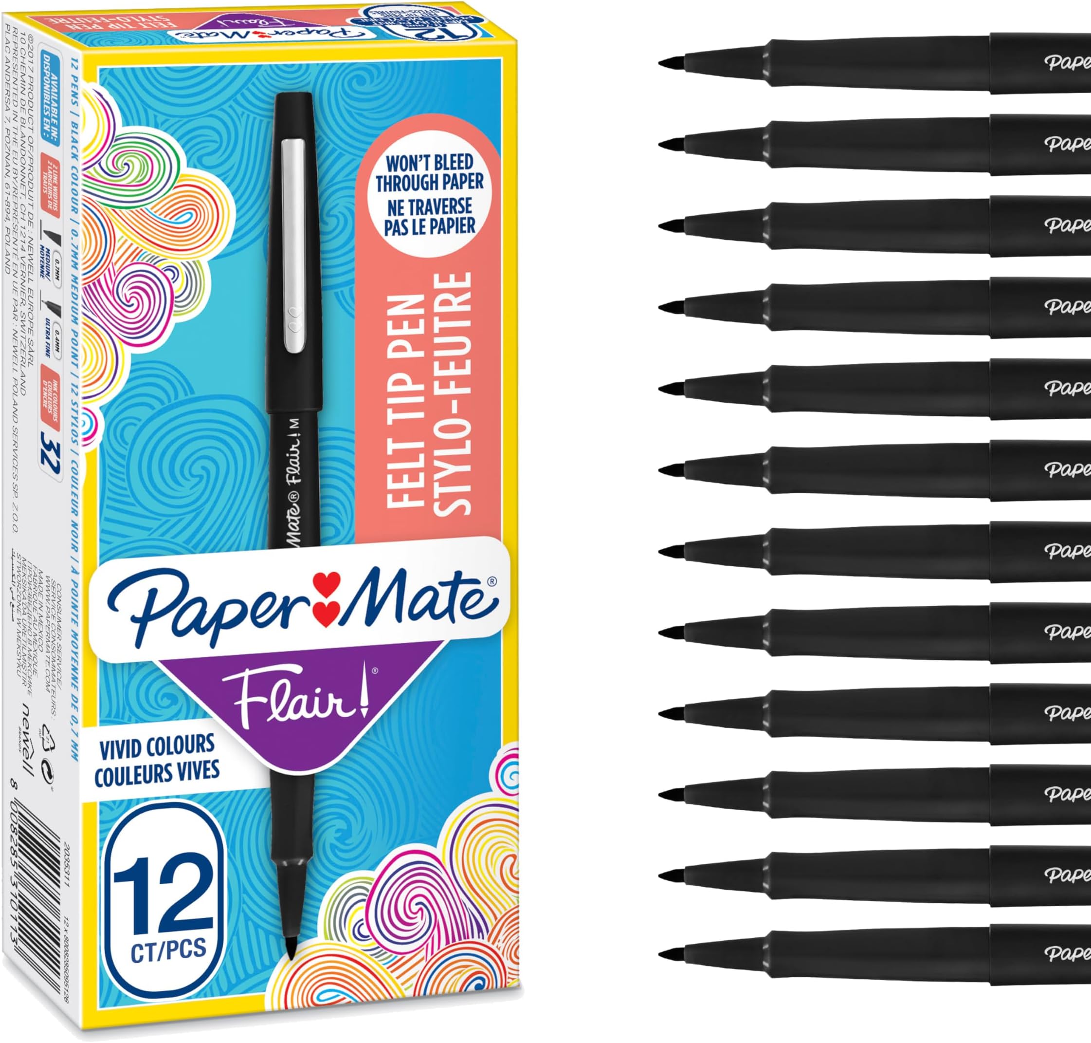 Flair Felt Tip Pens | Medium Point (0.7mm) | Black | 12 Count