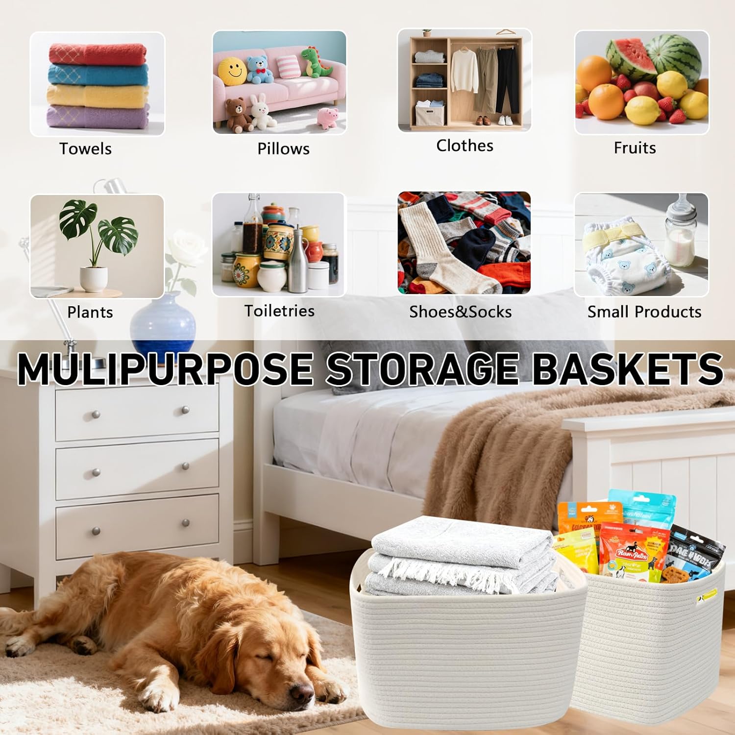 3 Pack Woven Storage Baskets for Shelves, Organizing Bins,Gift Baskets for Toys/Books/Towels/Clothes,Storage box for Nursery,Bedroom&Living Room Home Organization(White)