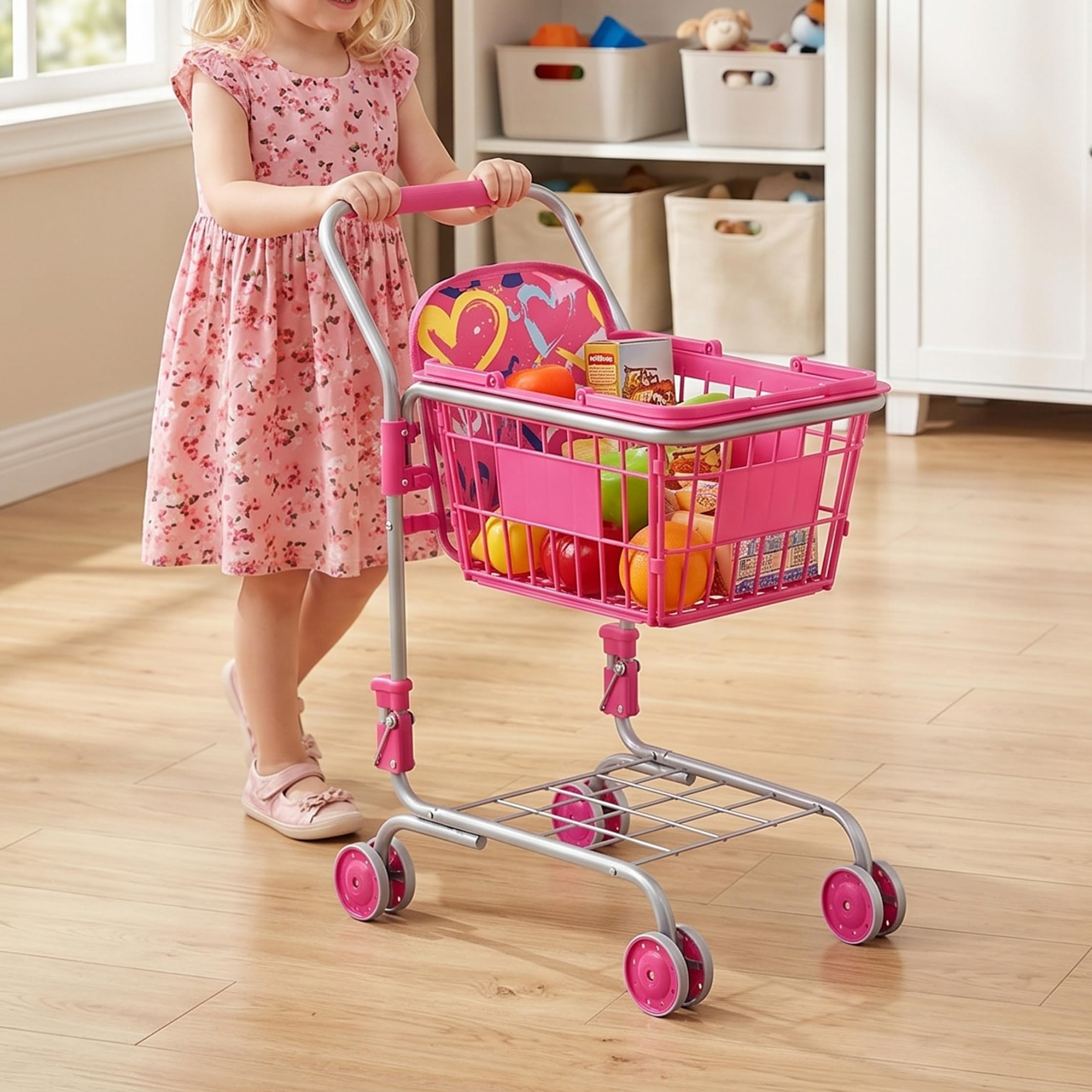 Carrello della Spesa Giocattolo Carrello della Spesa Pieghevole per Bambini con Cestino Rimovibile e Ruote girevoli a 360°