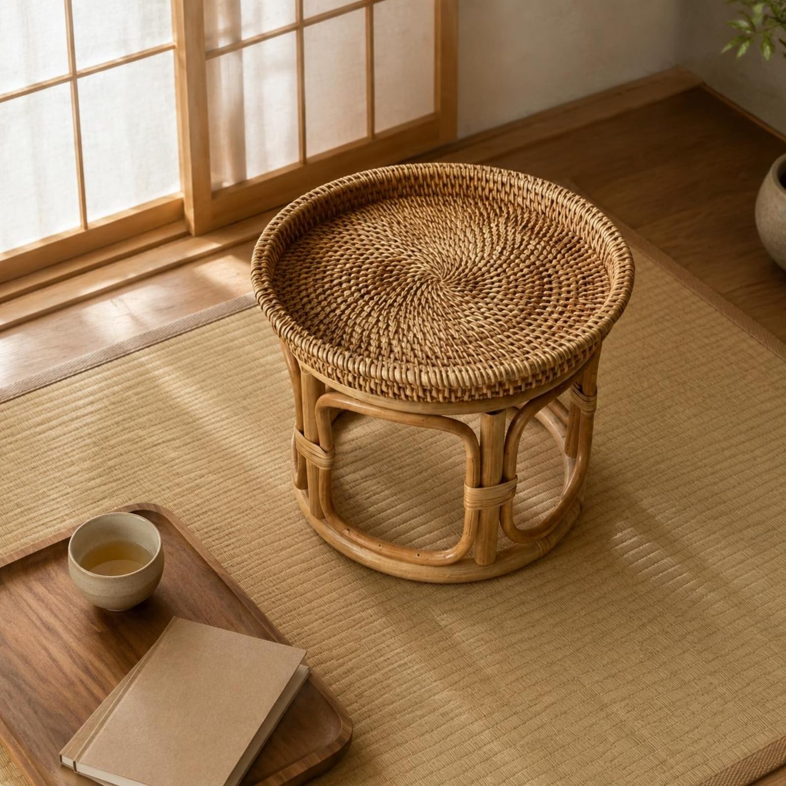 Table d'Appoint Rotin Tressé Table Basse Bout de Canapé Guéridon Ronde Artisanale Compacte Plateau Résistant en et Bois Massif Adaptée au, 26 Cm X 20 Cm, Petit Modèle Rond en Rotin
