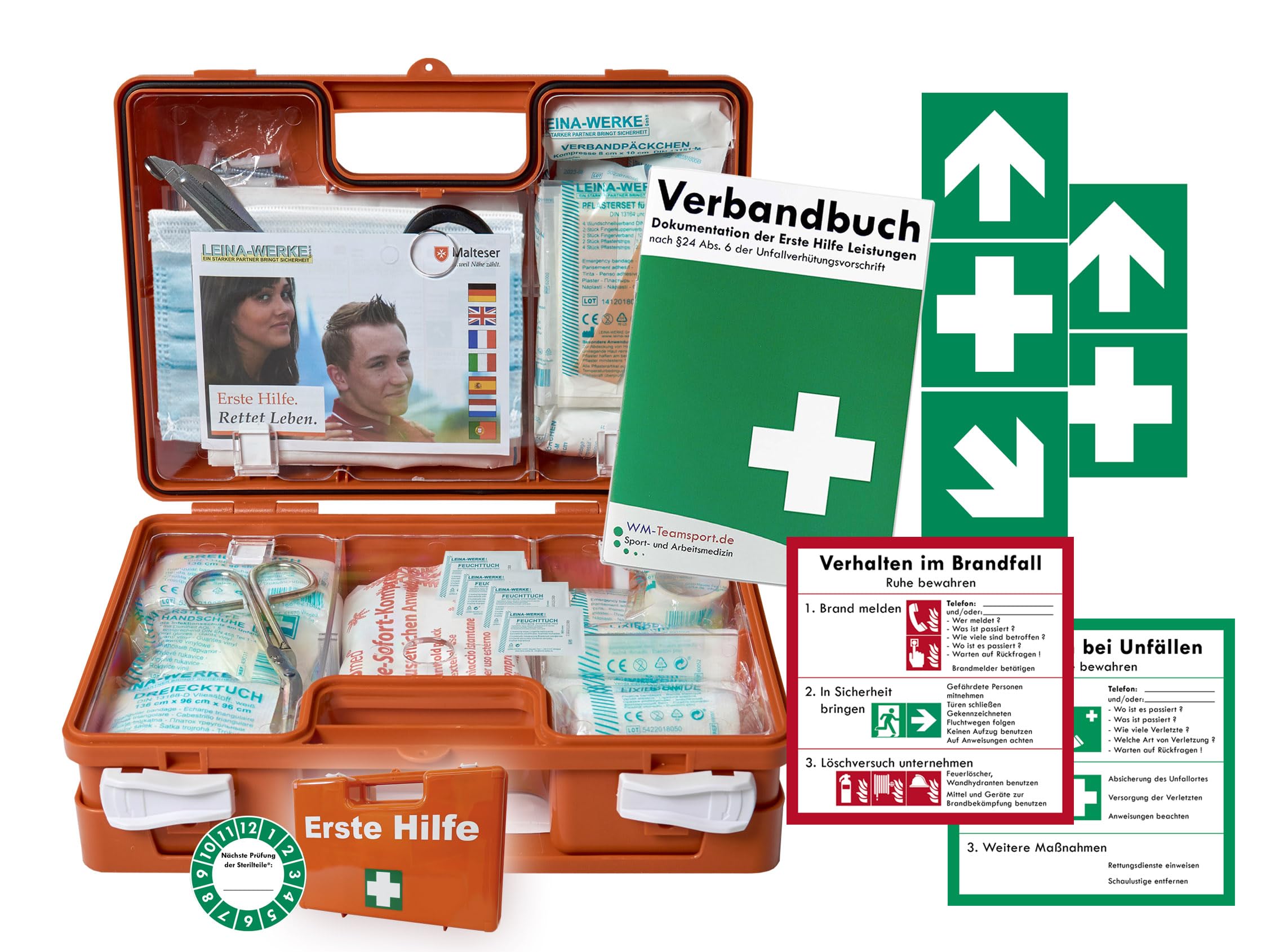 Erste-Hilfe-Koffer BG -Paket 1- für Gewerbe mit aktueller DIN/EN 13157 - Kleiner Betriebsverbandkasten - incl. Verbandbuch & & 7 Notfall-Aufklebern