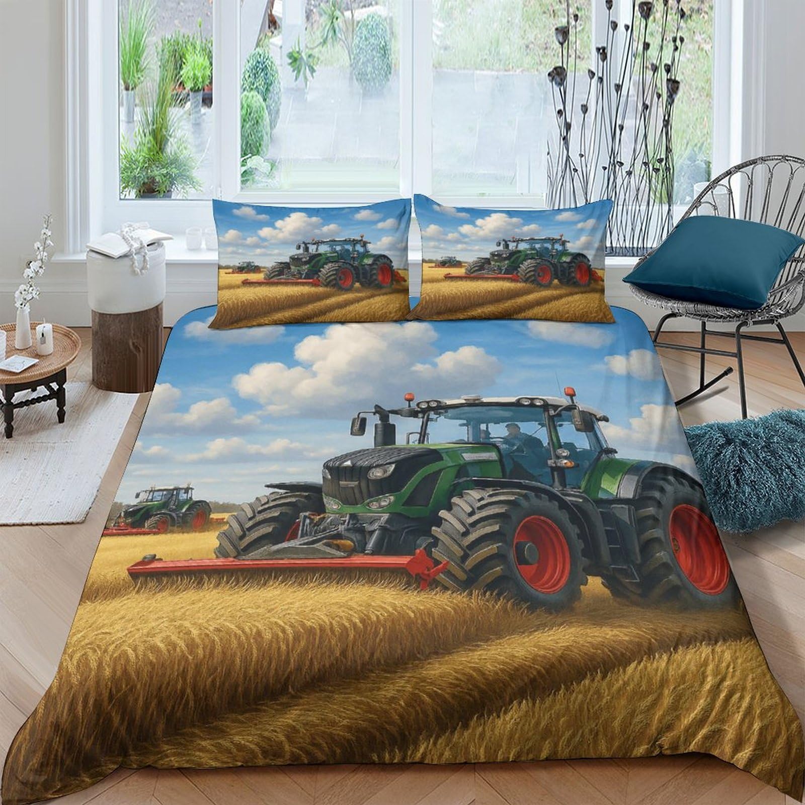 GPLZQXKJNH 3D Printed Tractor Farm Duvet Cover Microfiber Soft Breathable Harvest Field Bedding Set with 2 Pillowcases for Bedroom Decor, Single（135x200cm）