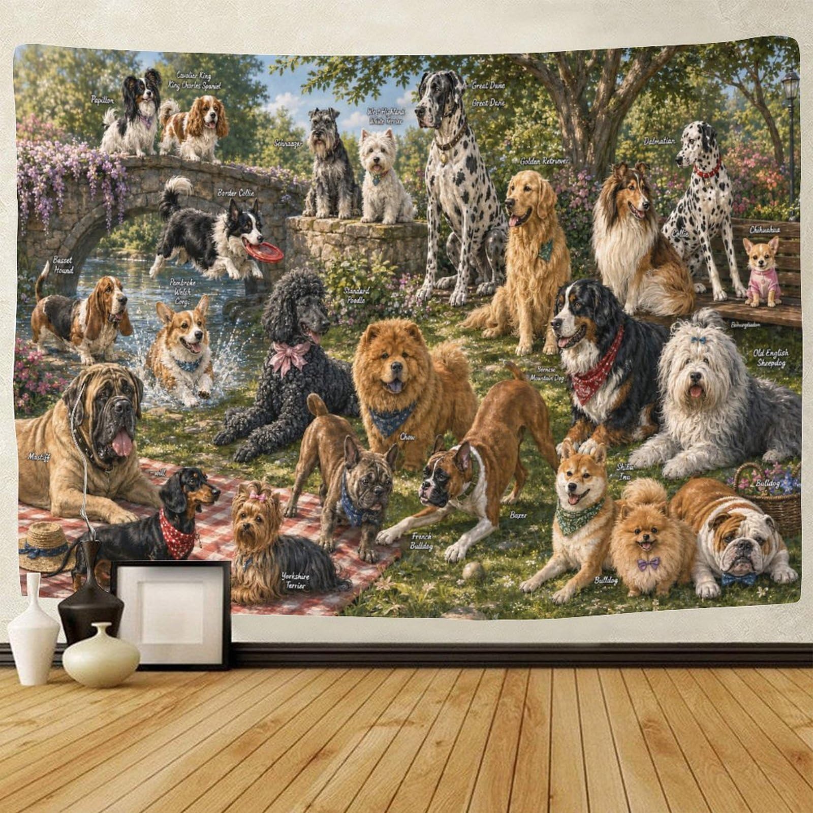 ASDFGHJKLZA Dog Breeds with Names Guide Wall Art Decor Tapestry for Bedroom 3D Print Tapestries Poster Curtain Living Room Dorm 70cmx100cm