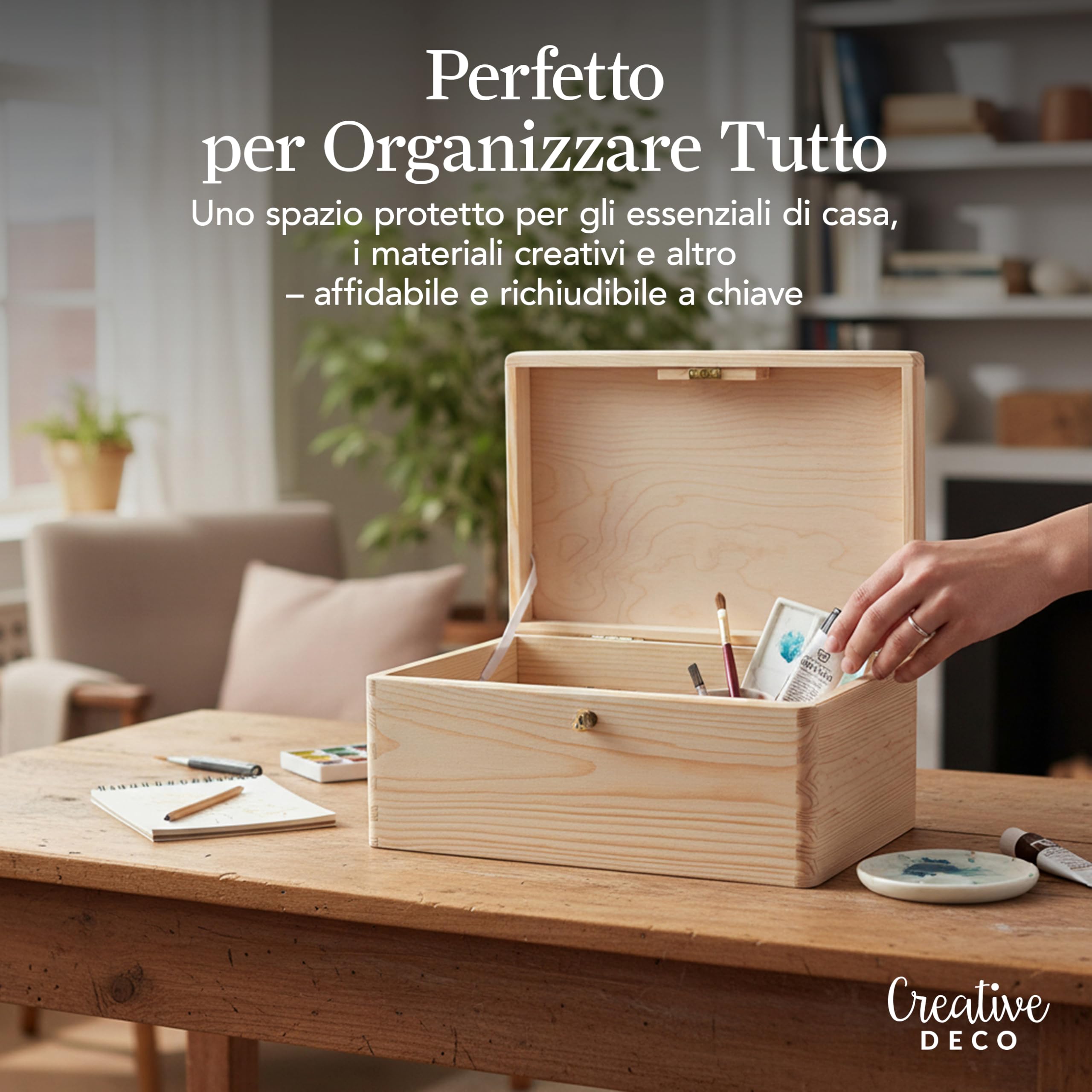 Creative Deco Grande Scatola in Legno con Chiave, Scatola di Stoccaggio | 30 x 20 x 14 cm | con Coperchio per Decorare | Senza Maniglie | Perfetta per Documenti, Oggetti di Valore, Regalo