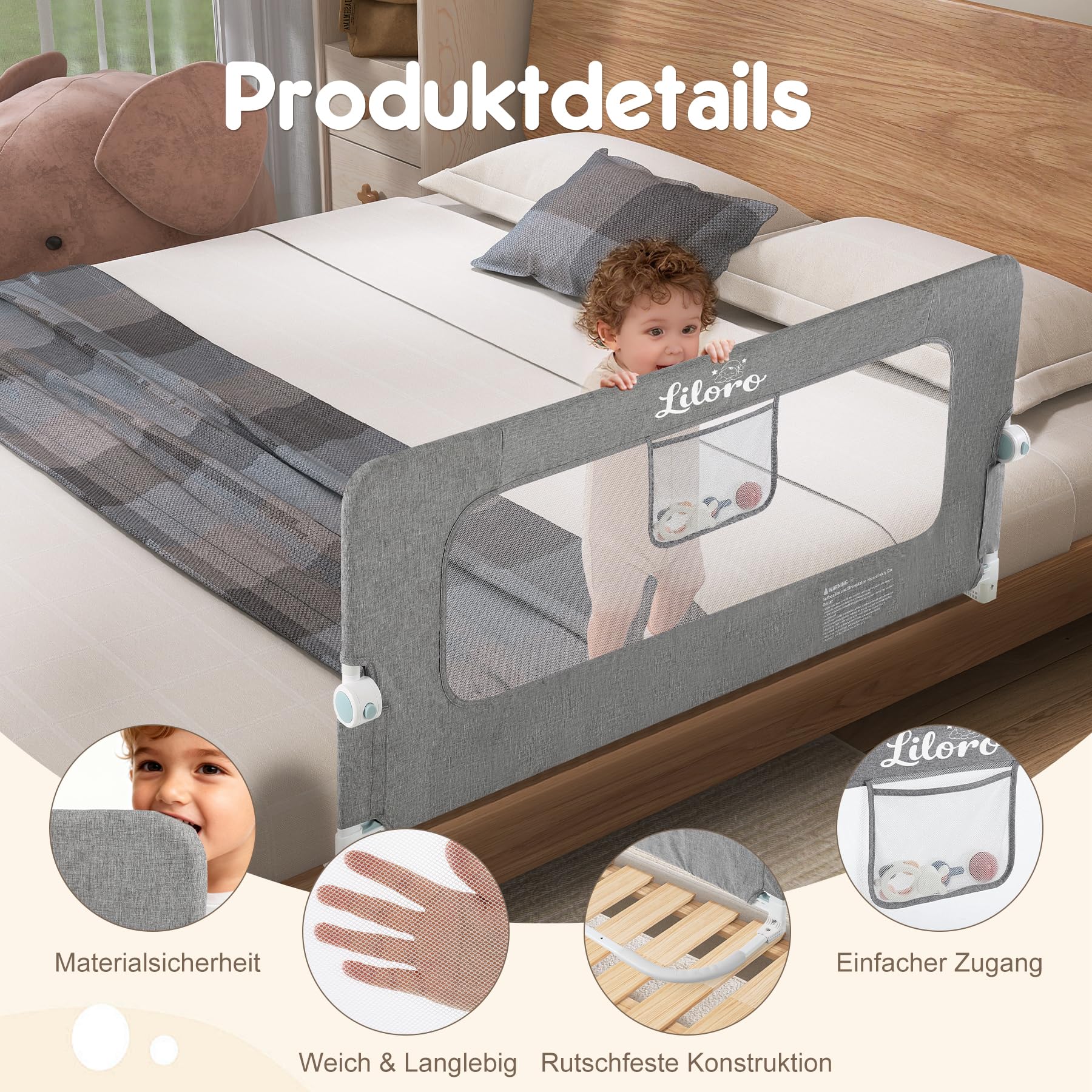 Kinder Rausfallschutz 120 cm, Zusammenklappbar, Stabiler Großrahmen, Anti-Kollisions-Design, einfache Montage – ohne Bohren, Grau