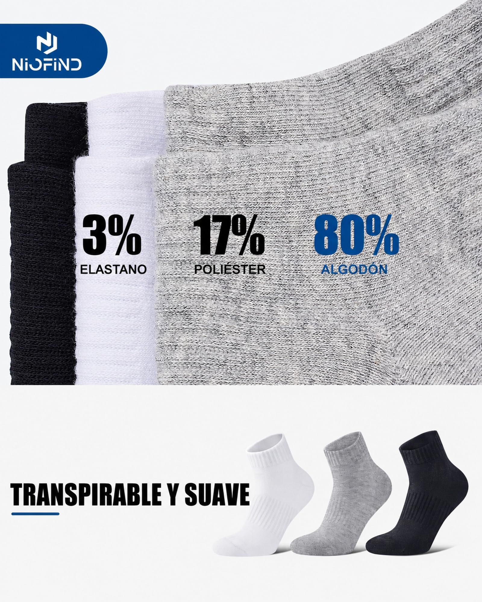 Niofind pack 6 pares calcetines deporte hombre y mujer de algodón transpirables, calcetines deporte hombre acolchados para running, fitness y uso diario