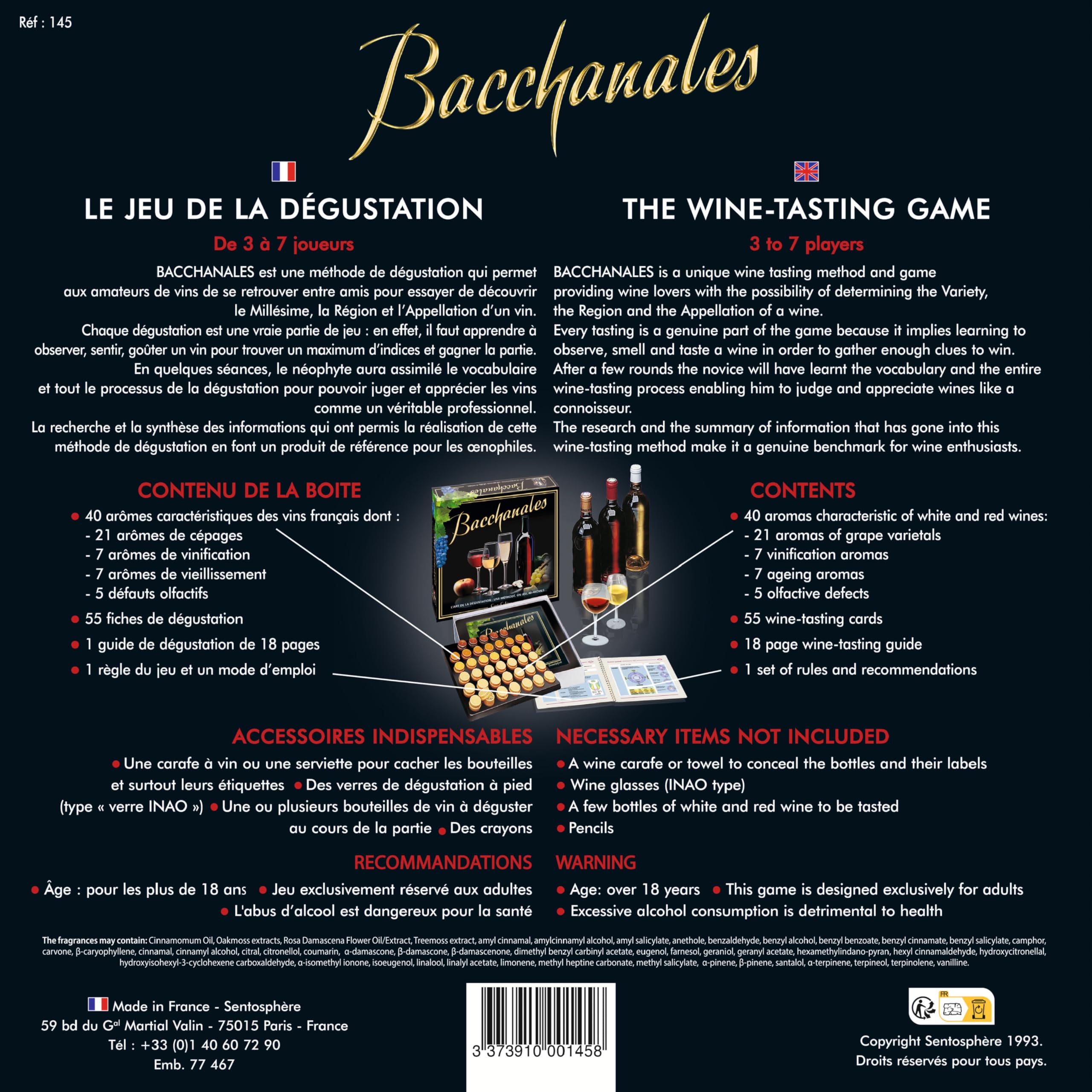 Sentosphère – Bacchanales – Metodo di degustazione dei vini – Capire l'enologia - 40 aromi caratteristici dei vitigni - Gioco conviviale dai 18 anni in su – Prodotto in Francia - ‎145