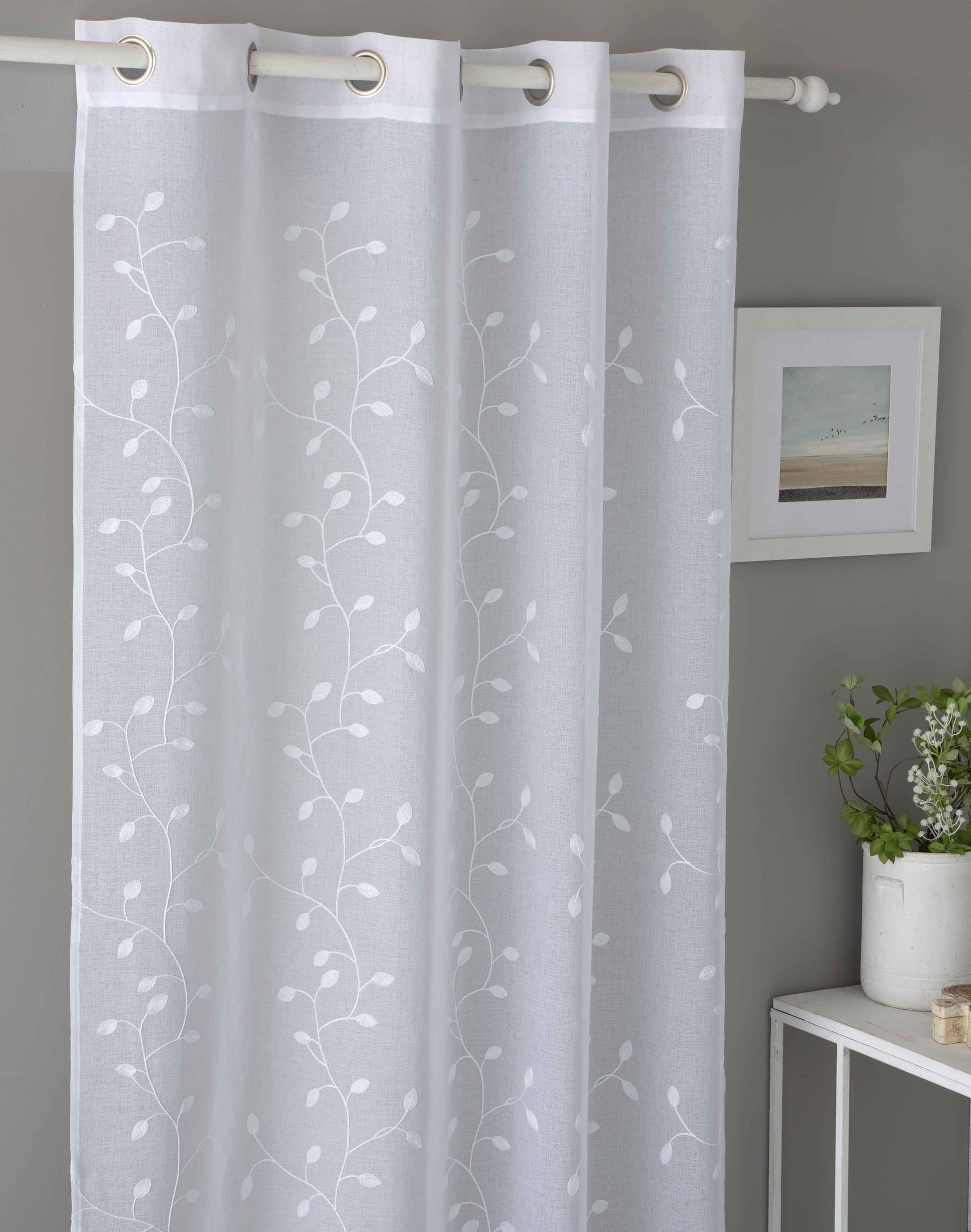 Fundeco - Cortina Salón - Estampada con Bordado Floral - Color Blanco - Medidas: 200x270-100% Poliéster (Caila Blanco)