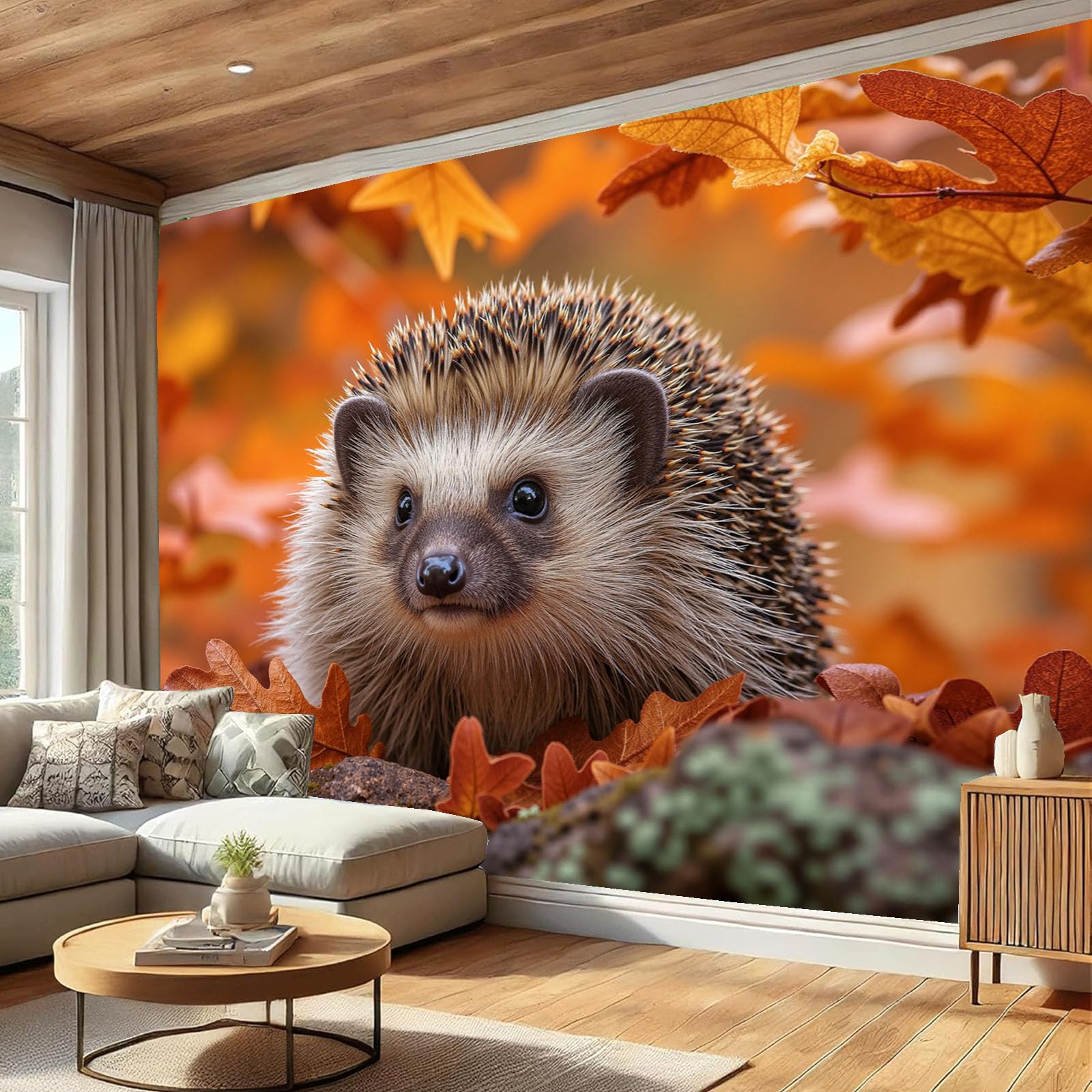 Papier peint panoramique hérisson pour réchauffer le salon en automne