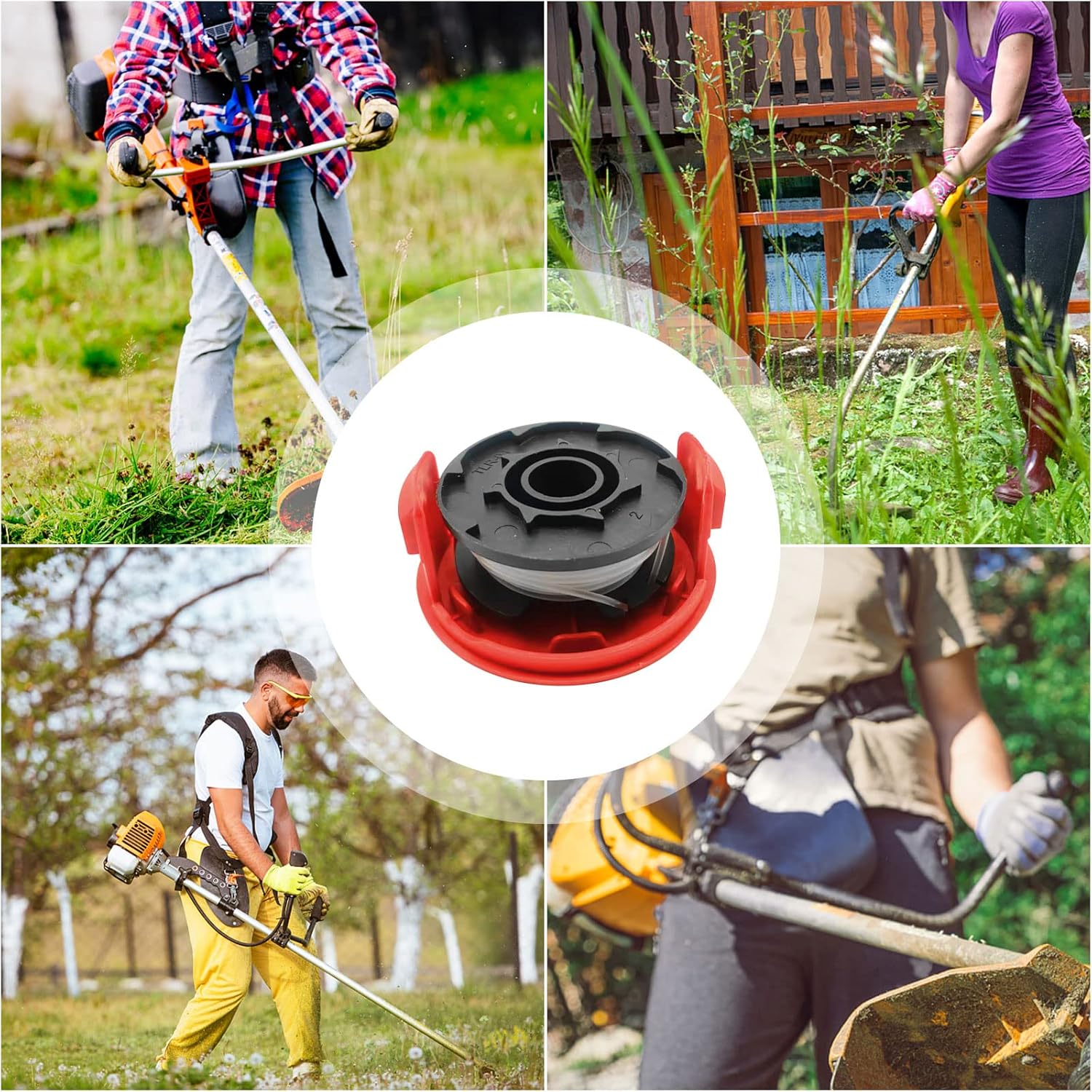 Various individuals using string trimmers with replacement spools
