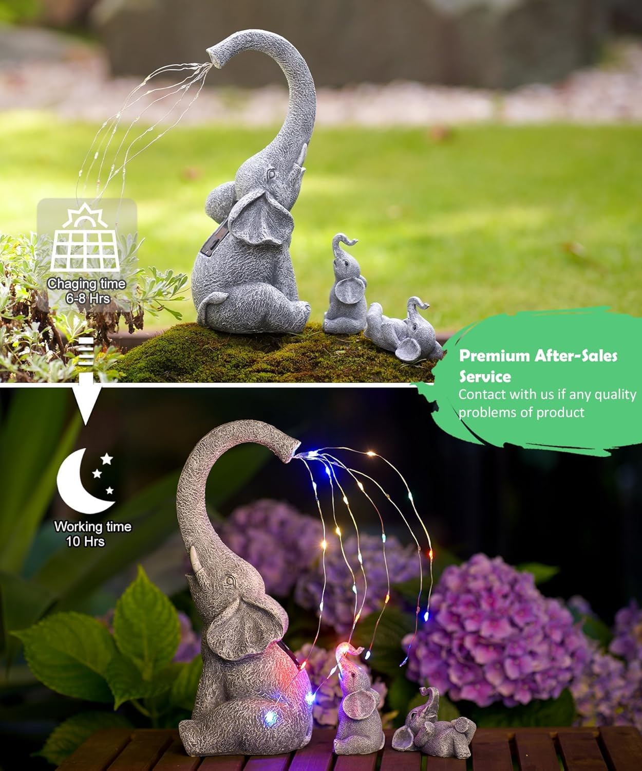 Qeeman Solar Elephant Statue Family Set 3Pcs: IP44 Weatherproof Outdoor Tricolour LED Lights Decor - Paths Patio Backyard Garden Sculpture Ornament for Mom Grandma Women - Image 5