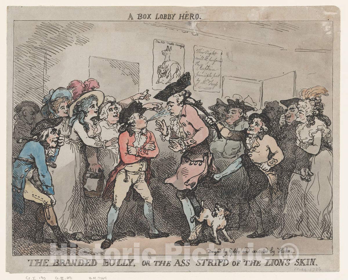 Historic Pictoric Art Print : Thomas Rowlandson - A Box Lobby Hero, The Bully, or The Ass Stripp'd of The Lion's Skin. : Vintage Wall Décor : 14in x 11in