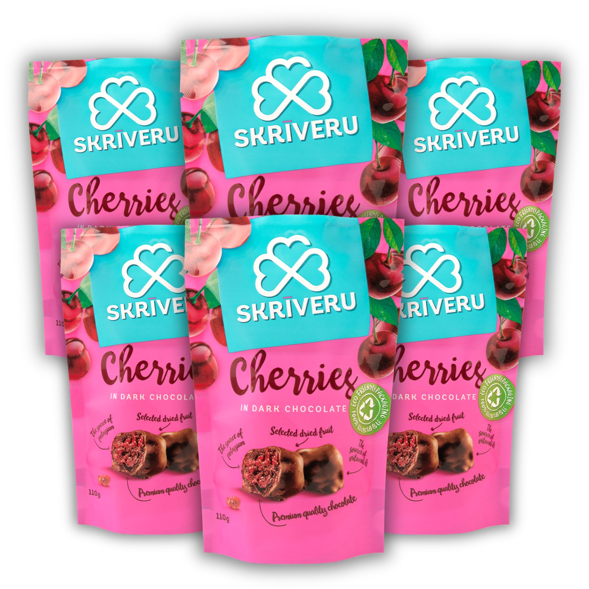 Skrīveru Cherries in Dark Chocolate (6 * 110g) – Premium Dried Fruit Coated in Rich Cocoa, Naturally Sweet & Tangy, High in Potassium & Antioxidants, Delicious Gourmet Treat (6)