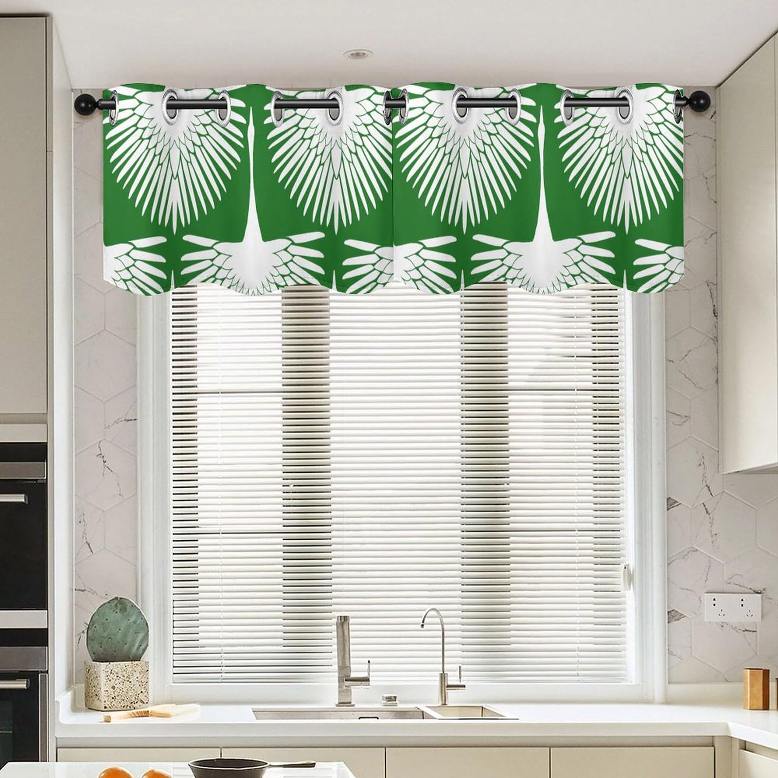 Cenefa de cortina de cisne verde decorativa, pack de 2 paneles exóticos para salón y cocina