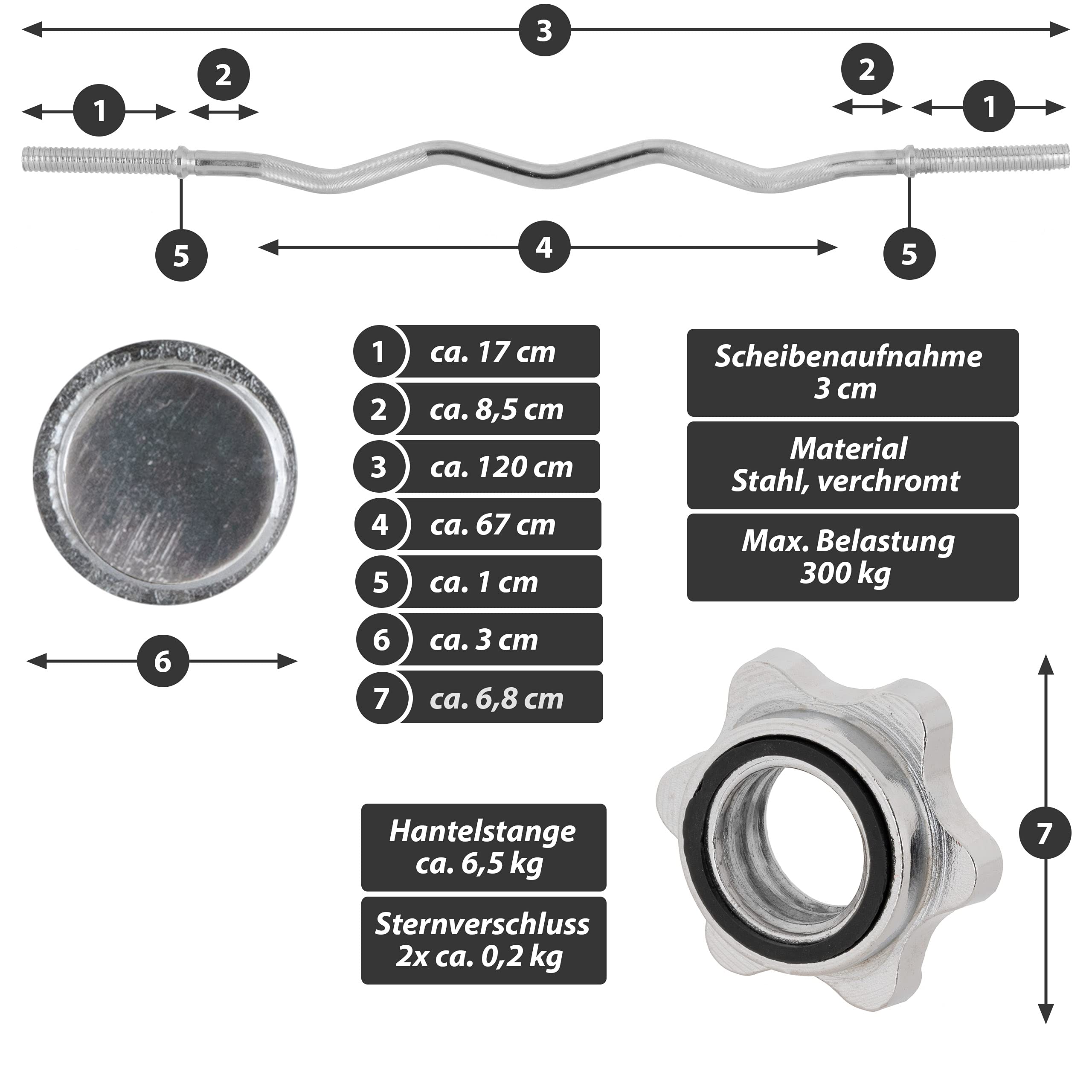 Curlstange 120 cm Krafttraining Zugstange silber verchromt Sternverschluss Workout Bodybuilding Fitness Gewichtheben bis 150kg