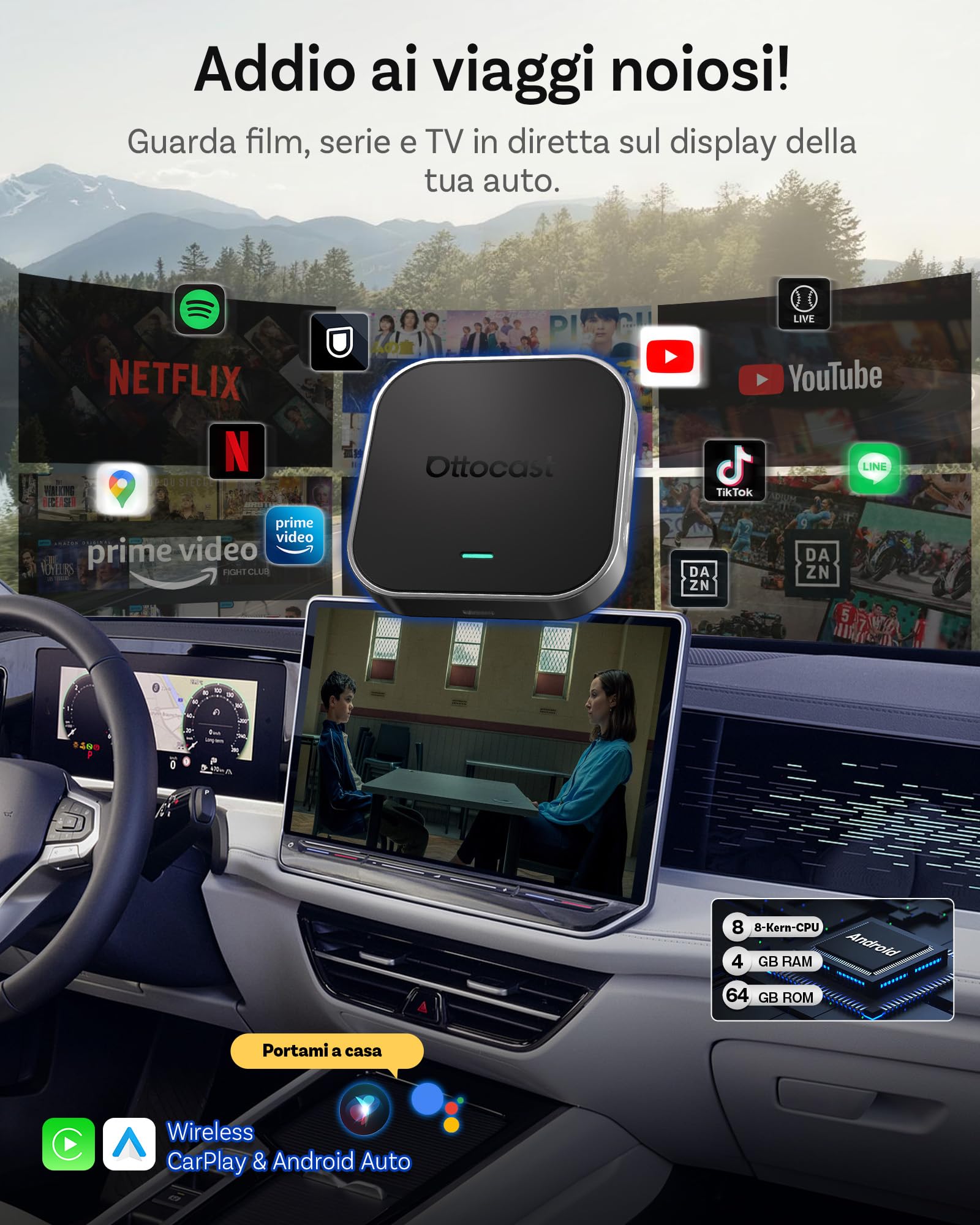OTTOCAST OttoAibox E2 2026 AI Box, 3-in-1 CarPlay e Android Auto Wireless Android 13 Streaming Box, Adattatore CarPlay Wireless Dual WiFi, Schermo Diviso, Bluetooth 5.0, Aggiornamento FOTA
