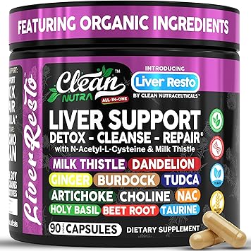 Clean Nutraceuticals Liver Cleanse Detox & Repair | Milk Thistle Supplement + NAC, TUDCA, Dandelion Root, Artichoke, Choline, Ginger, Beet Root, Burdock, Taurine, Liver Support 90 Capsules